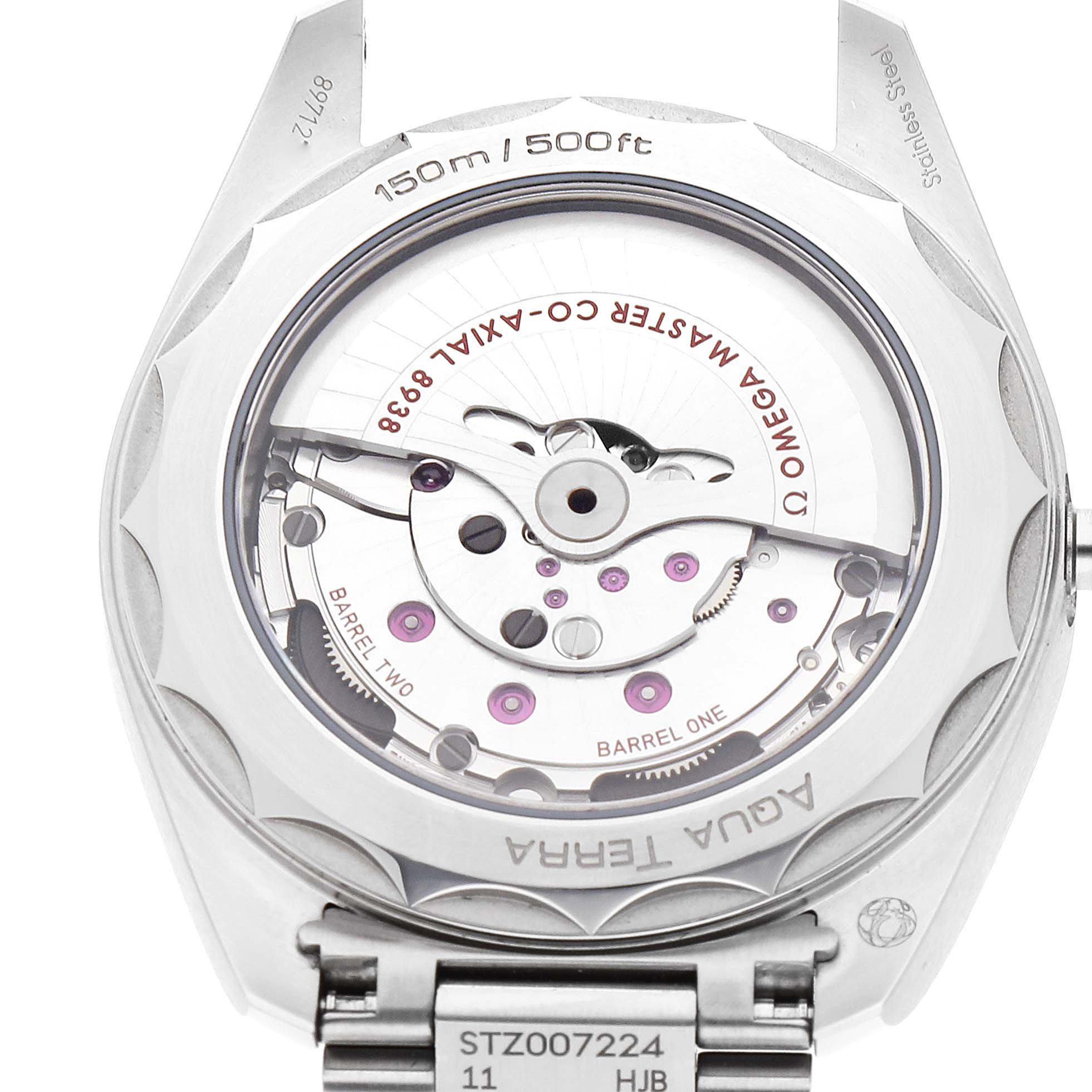 This image shows the back view of the Omega Aqua Terra 220.10.43.22.03.001 Men's Stainless Steel Blue Dial 220.10.43.22.03.001 Men's Stainless Steel Blue Dial watch, highlighting its movement and inner mechanical parts.