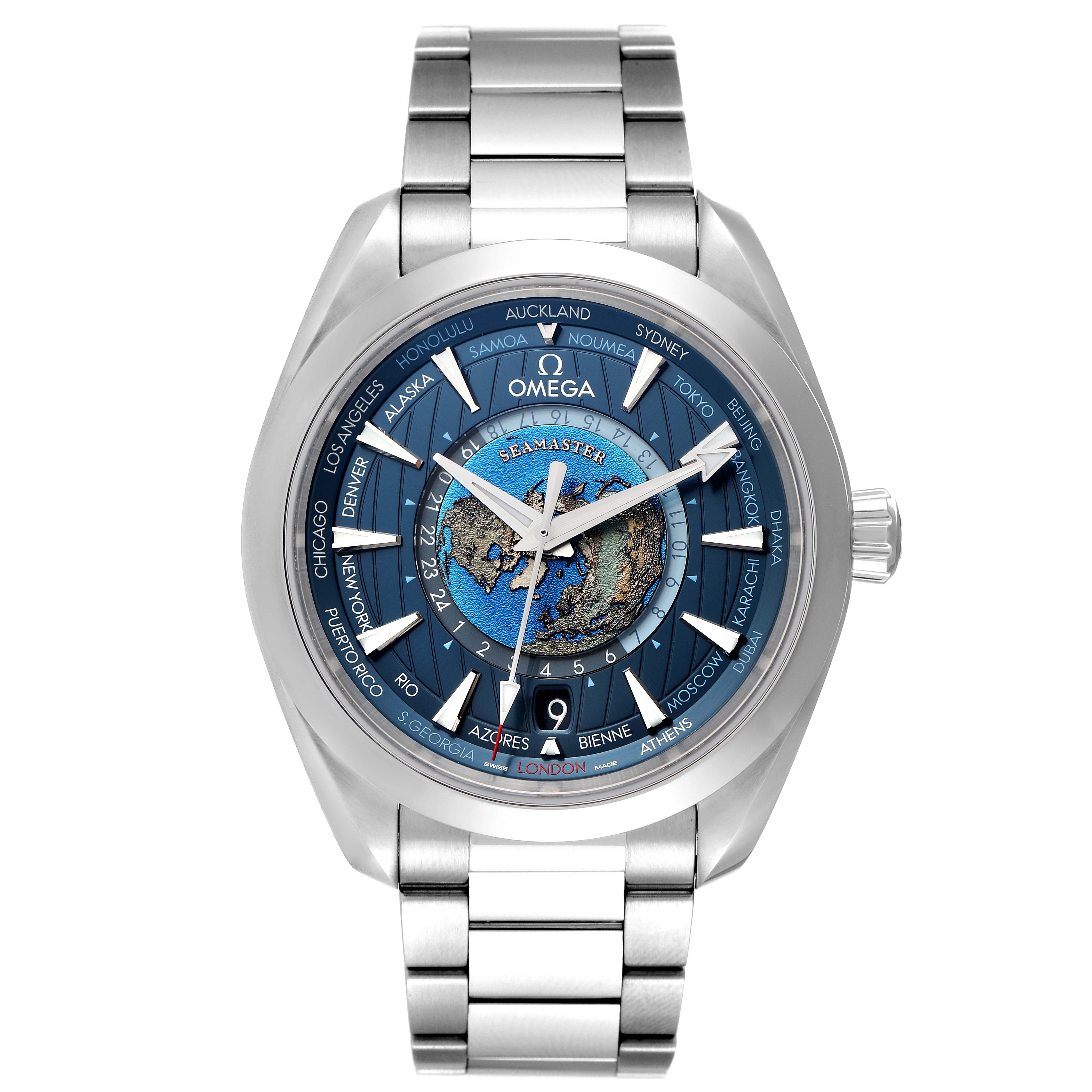 The image shows a frontal view of the Omega Aqua Terra 220.10.43.22.03.001 Men's Stainless Steel Blue Dial 220.10.43.22.03.001 Men's Stainless Steel Blue Dial watch, highlighting its dial, bezel, and stainless steel bracelet.