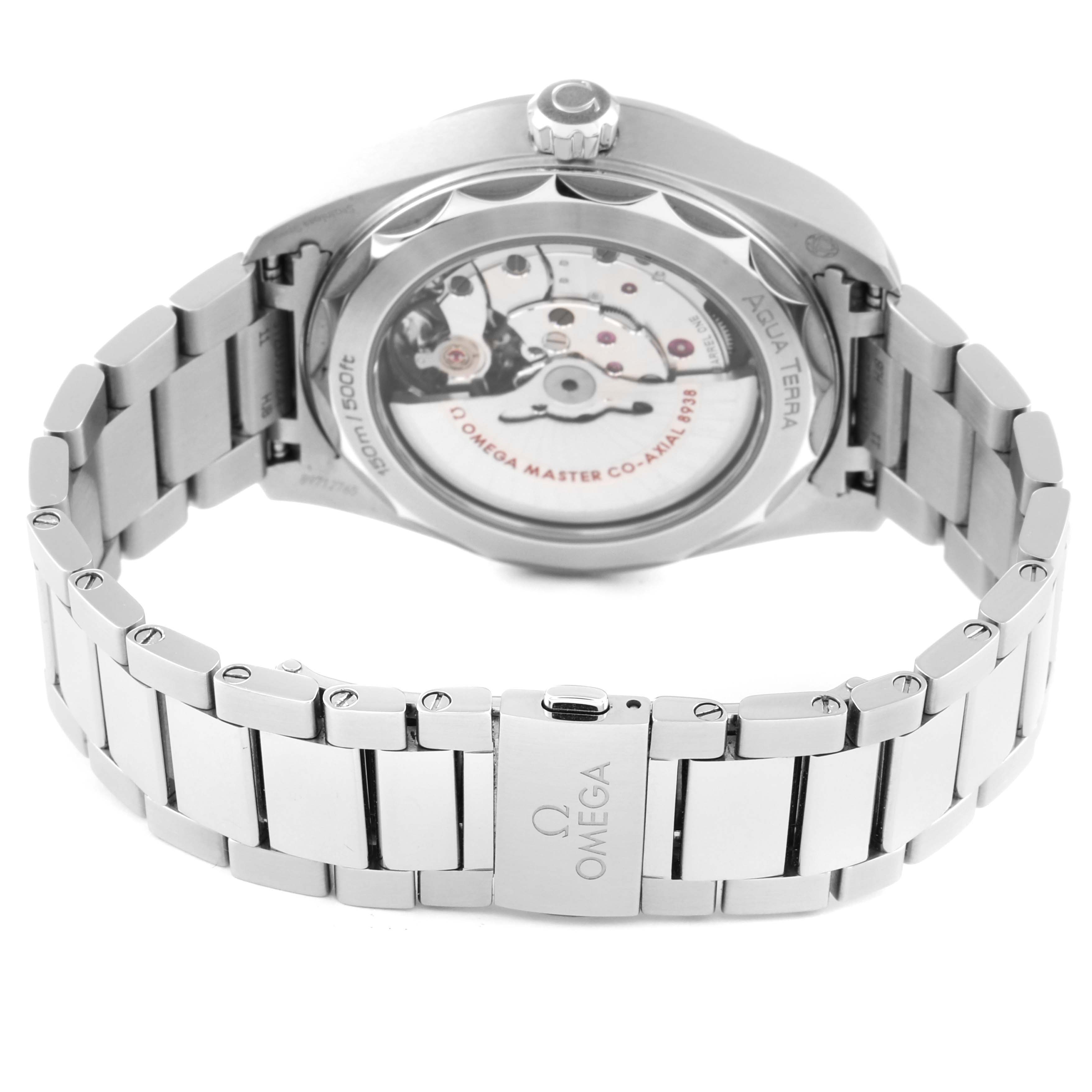 The image shows the back view of the Omega Aqua Terra 220.10.43.22.03.001 Men's Stainless Steel Blue Dial 220.10.43.22.03.001 Men's Stainless Steel Blue Dial watch, highlighting its movement and stainless steel bracelet.