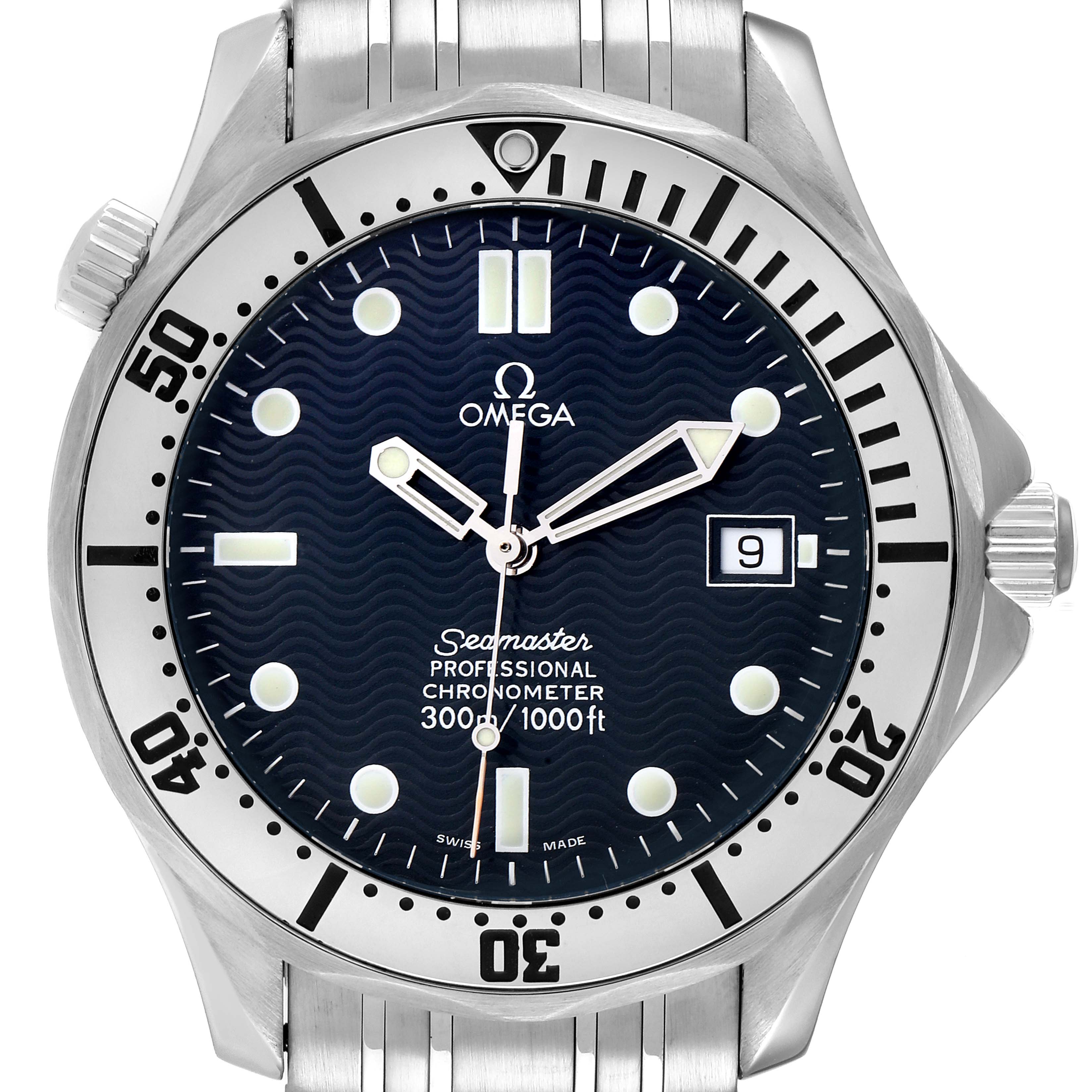 The image shows a front view of an Omega Seamaster 2532.80.00 Men's Stainless Steel Blue Dial 2532.80.00 Men's Stainless Steel Blue Dial watch, highlighting its face, bezel, hour markers, and hands.