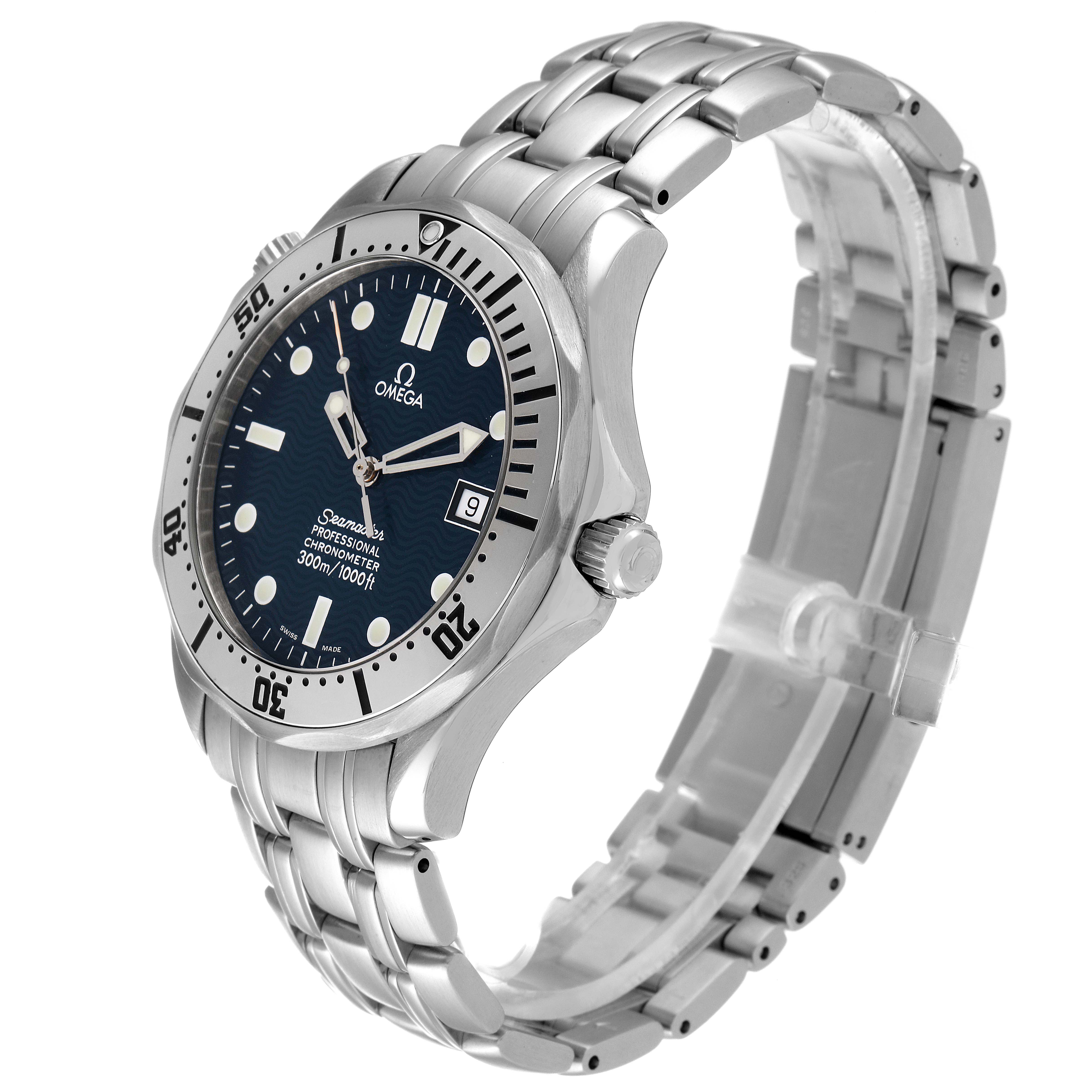 The image shows a side angle of the Omega Seamaster 2532.80.00 Men's Stainless Steel Blue Dial 2532.80.00 Men's Stainless Steel Blue Dial watch, highlighting the face, bezel, crown, and metal bracelet.