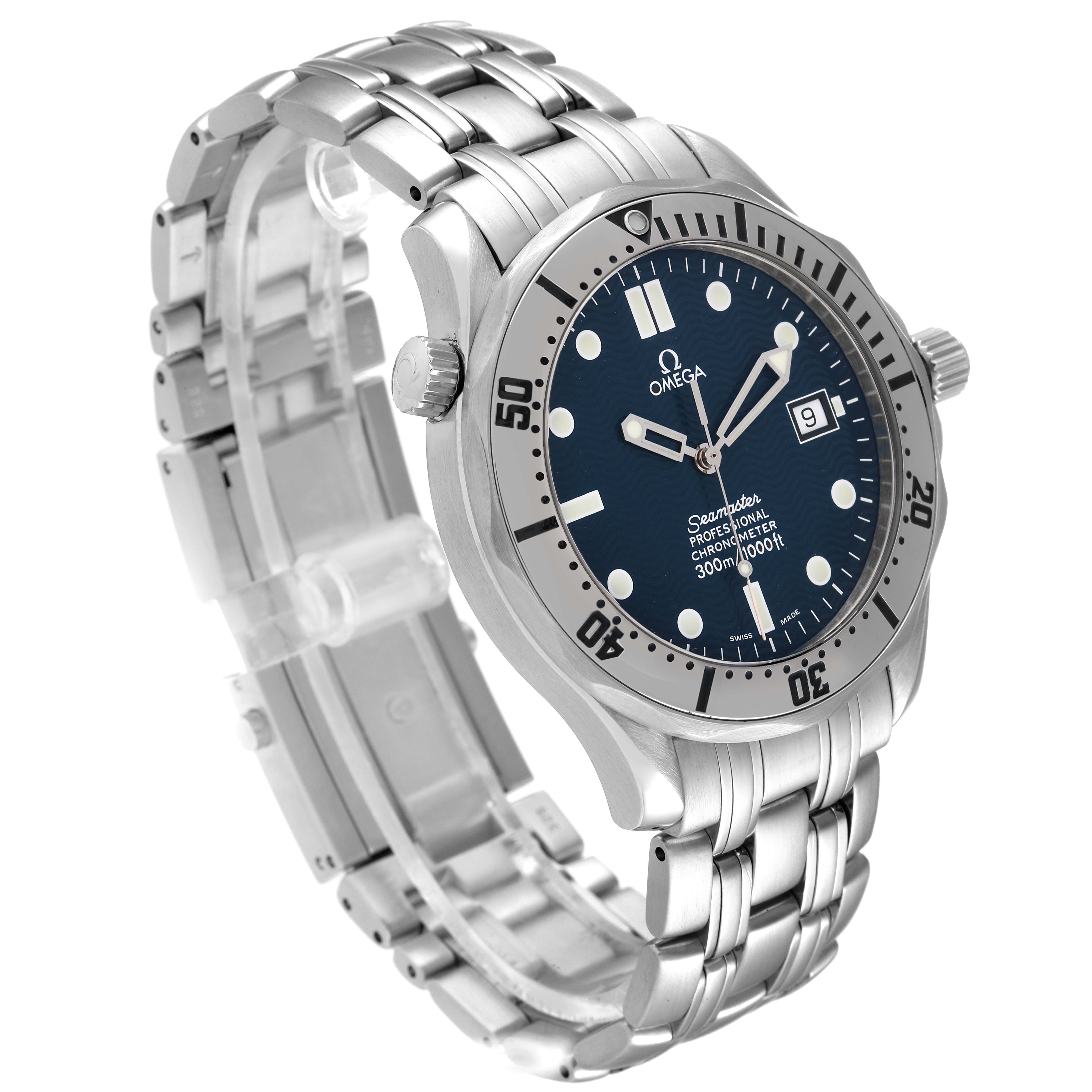 The image shows an angled side view of the Omega Seamaster 2532.80.00 Men's Stainless Steel Blue Dial 2532.80.00 Men's Stainless Steel Blue Dial watch, highlighting its face, bezel, crown, bracelet, and clasp.