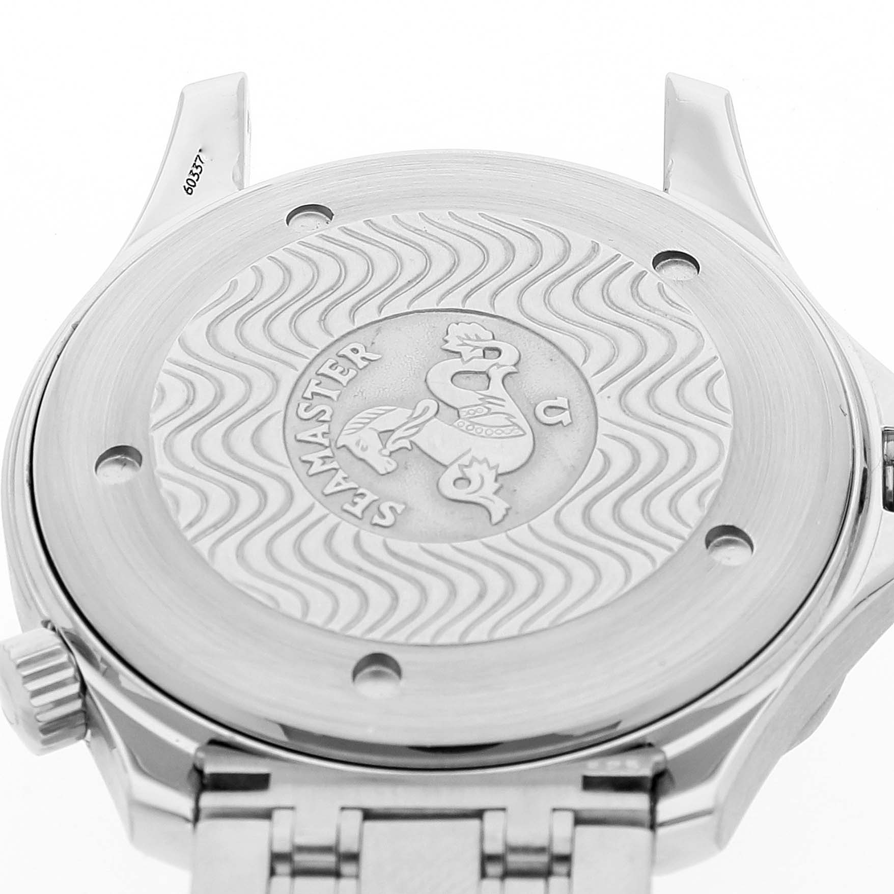 The image shows the case back of an Omega Seamaster 2532.80.00 Men's Stainless Steel Blue Dial 2532.80.00 Men's Stainless Steel Blue Dial watch, displaying its engraved logo and wave pattern.