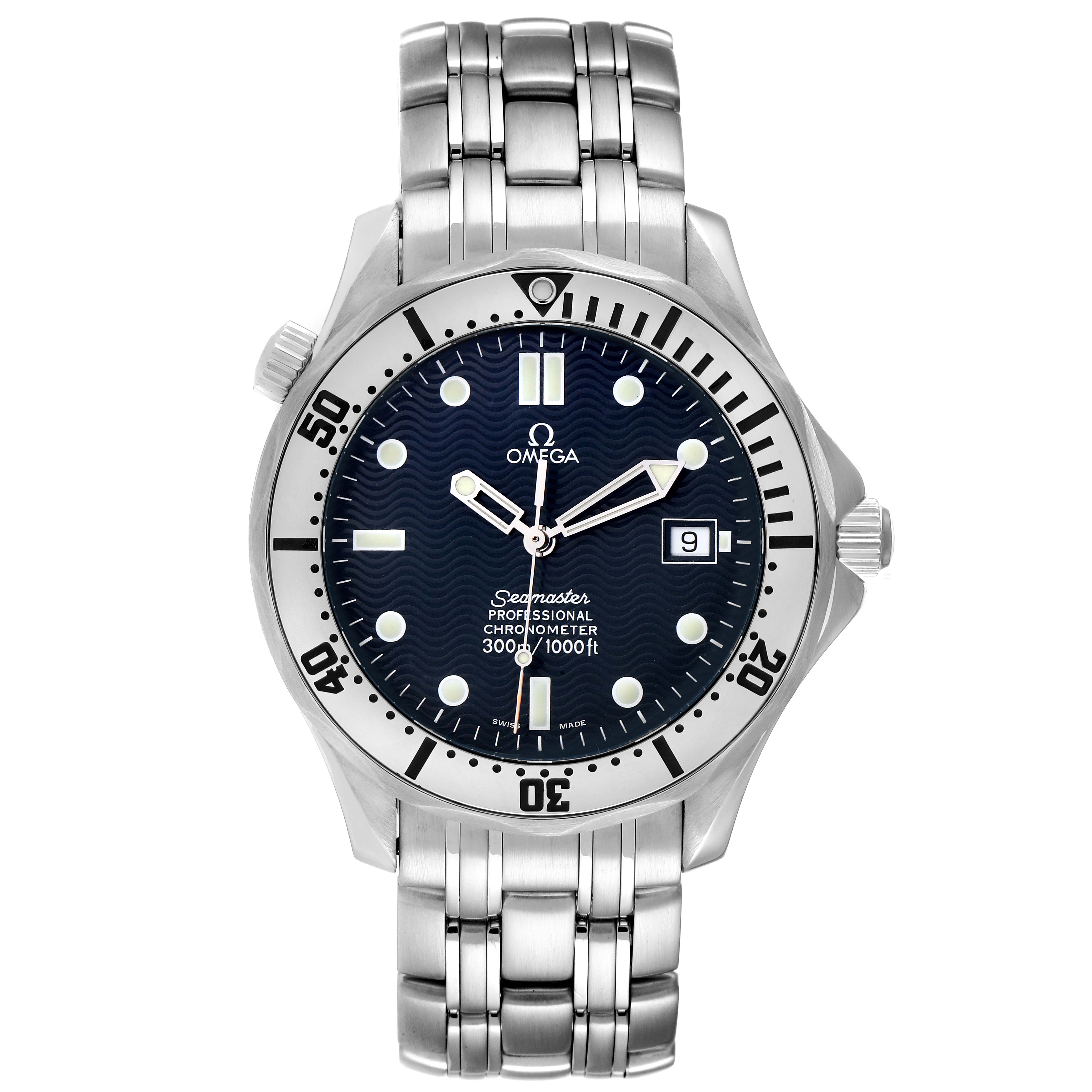 The image shows a front view of the Omega Seamaster 2532.80.00 Men's Stainless Steel Blue Dial 2532.80.00 Men's Stainless Steel Blue Dial watch, highlighting its dial, bezel, hour markers, hands, and bracelet.