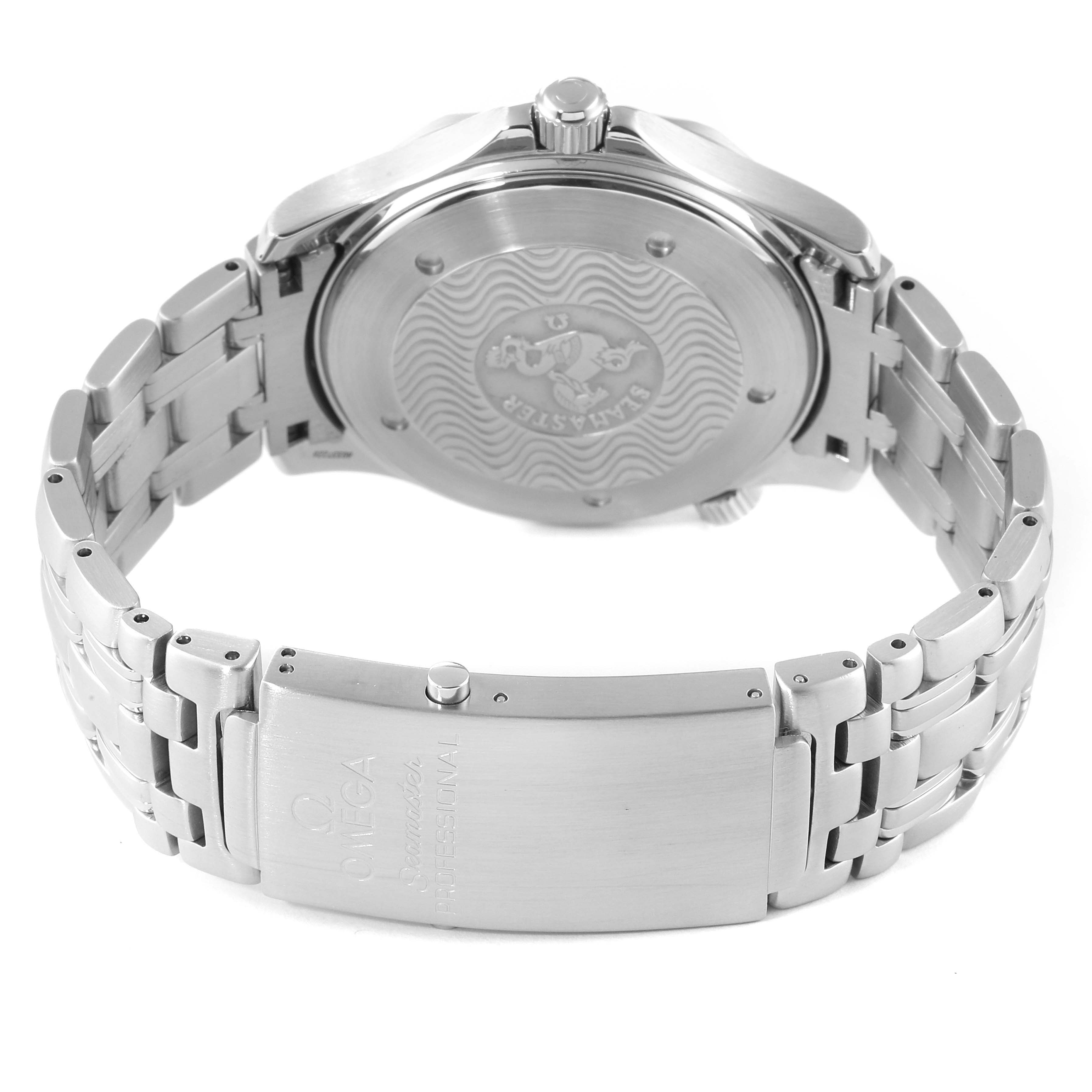 The image shows the back view of an Omega Seamaster 2532.80.00 Men's Stainless Steel Blue Dial 2532.80.00 Men's Stainless Steel Blue Dial watch, highlighting its clasp, case back, and bracelet.