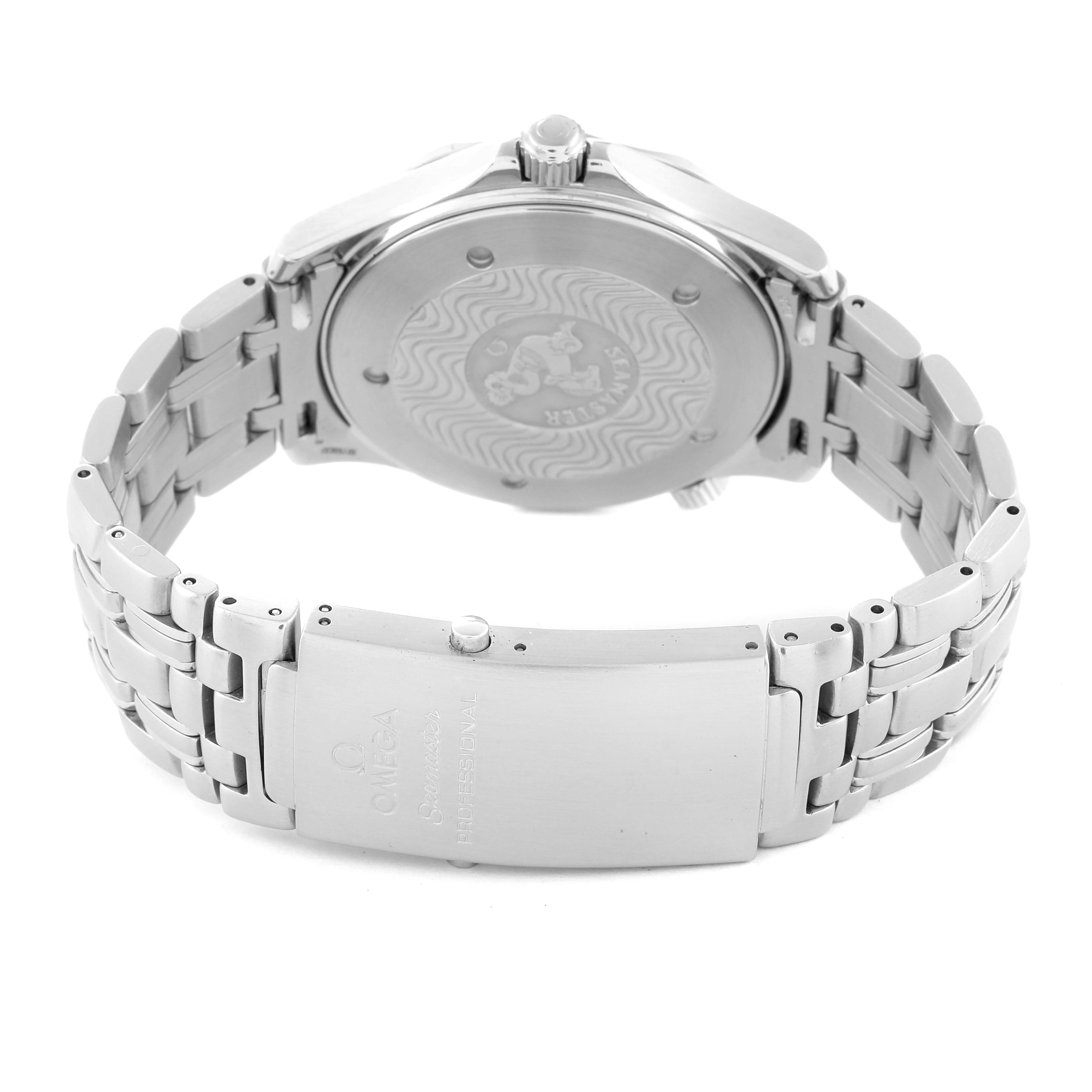 The image shows the rear view of an Omega Seamaster 2541.80.00 Men's Stainless Steel Blue Dial 2541.80.00 Men's Stainless Steel Blue Dial watch, highlighting the case back and metal bracelet.