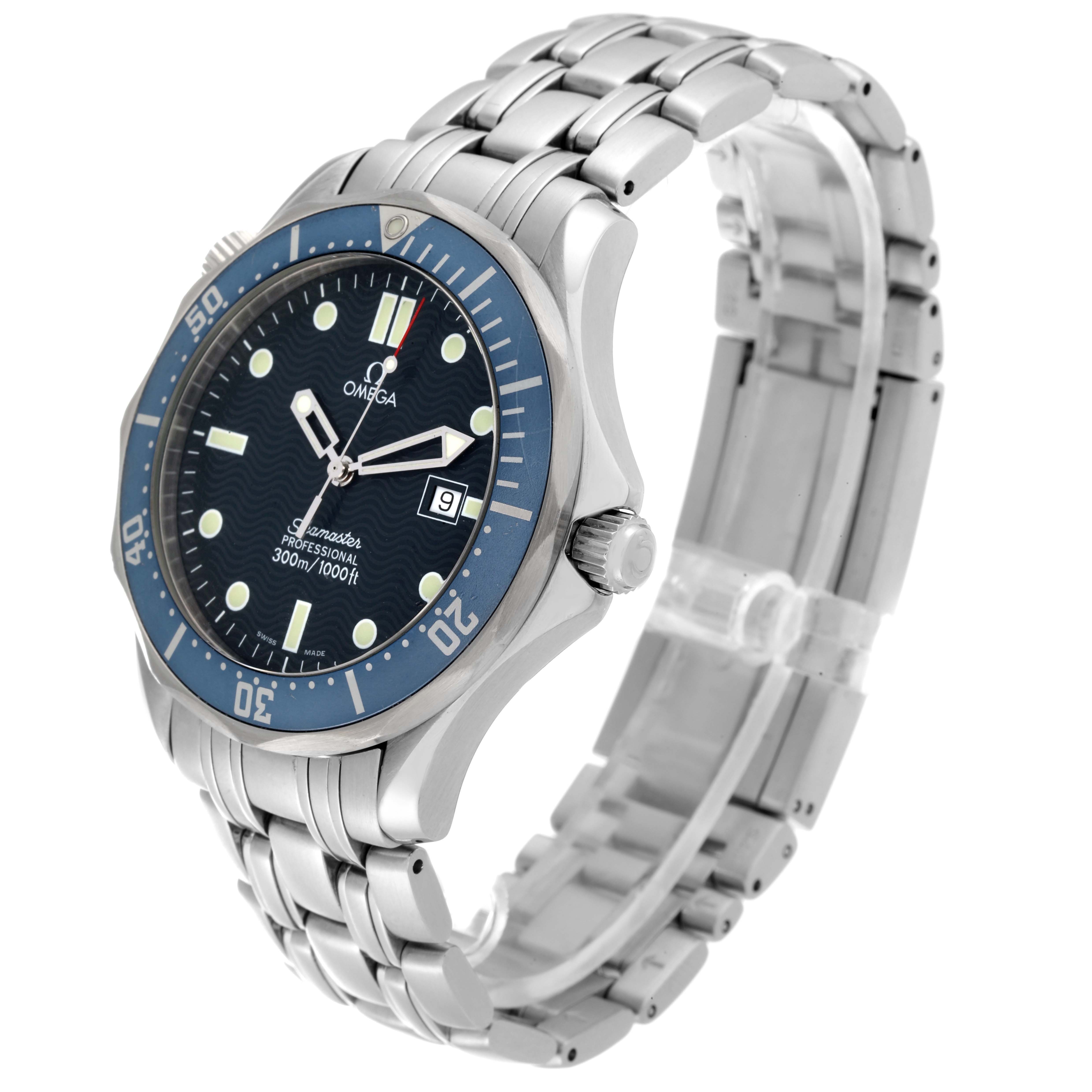 This image shows a side angle of an Omega Seamaster 2541.80.00 Men's Stainless Steel Blue Dial 2541.80.00 Men's Stainless Steel Blue Dial watch, revealing the dial, bezel, and stainless steel bracelet.