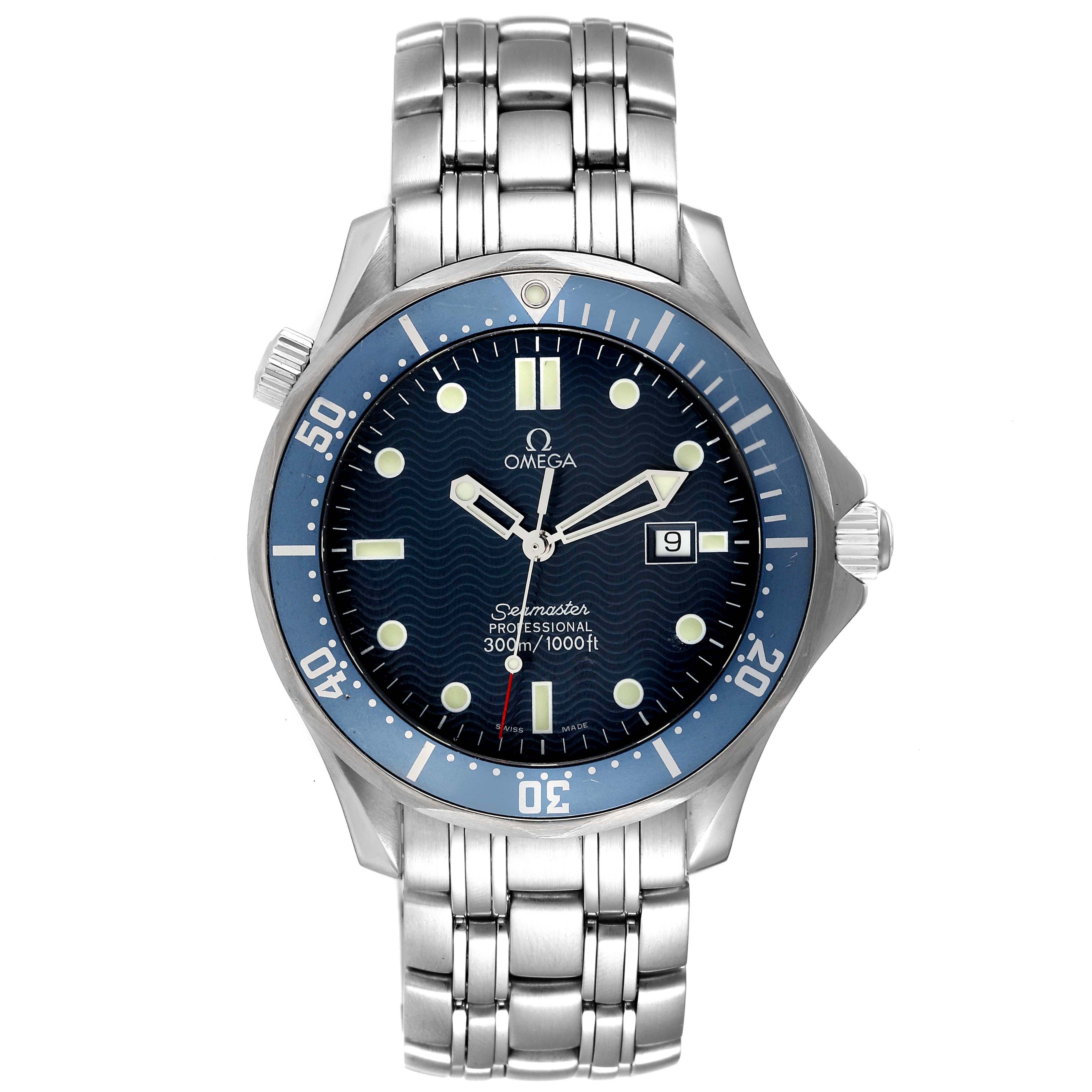 The Omega Seamaster 2541.80.00 Men's Stainless Steel Blue Dial 2541.80.00 Men's Stainless Steel Blue Dial watch is shown from a front angle, displaying its dial, bezel, and metal bracelet.