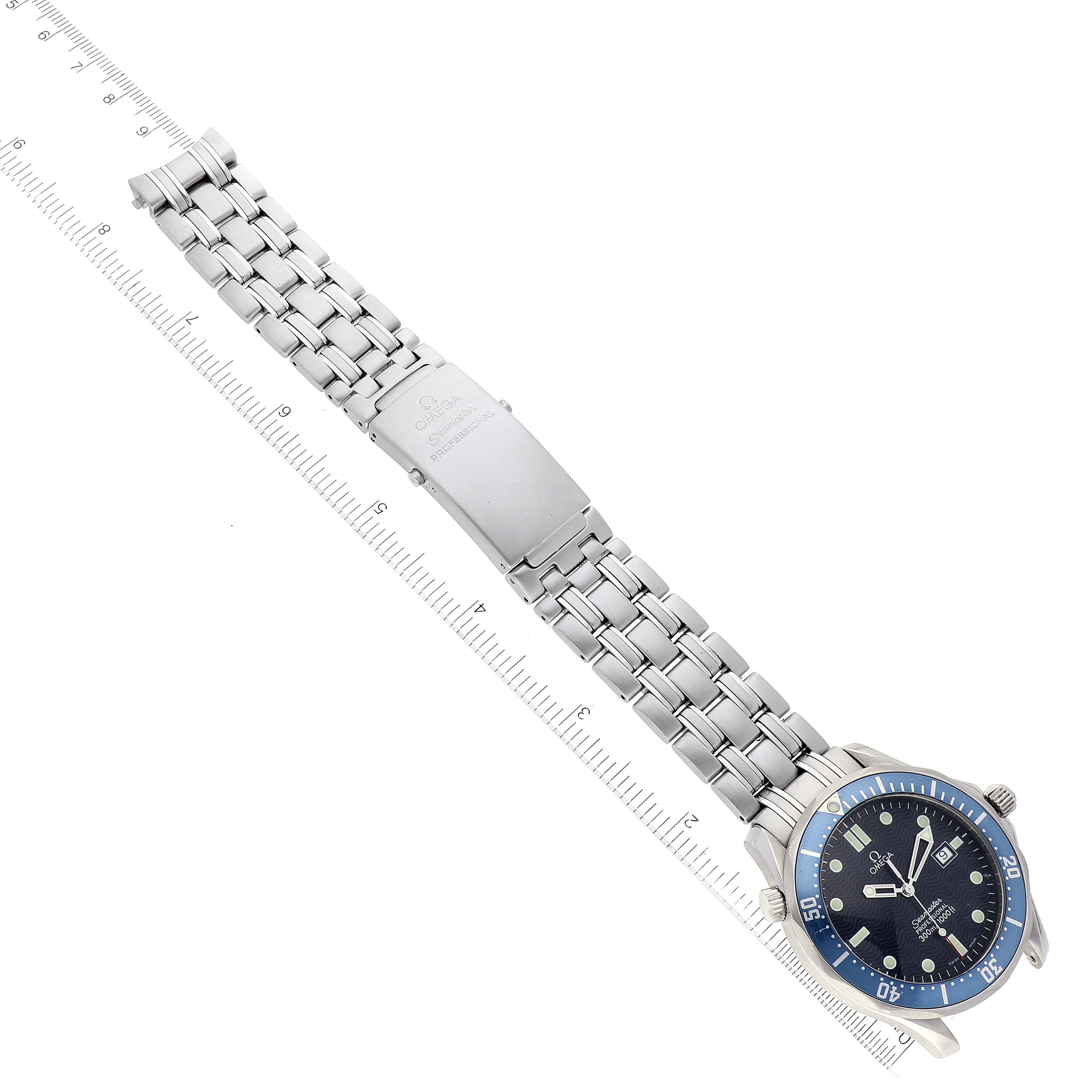 The Omega Seamaster 2541.80.00 Men's Stainless Steel Blue Dial 2541.80.00 Men's Stainless Steel Blue Dial watch is shown from a top-down angle, highlighting its face and full metal bracelet with a clasp.