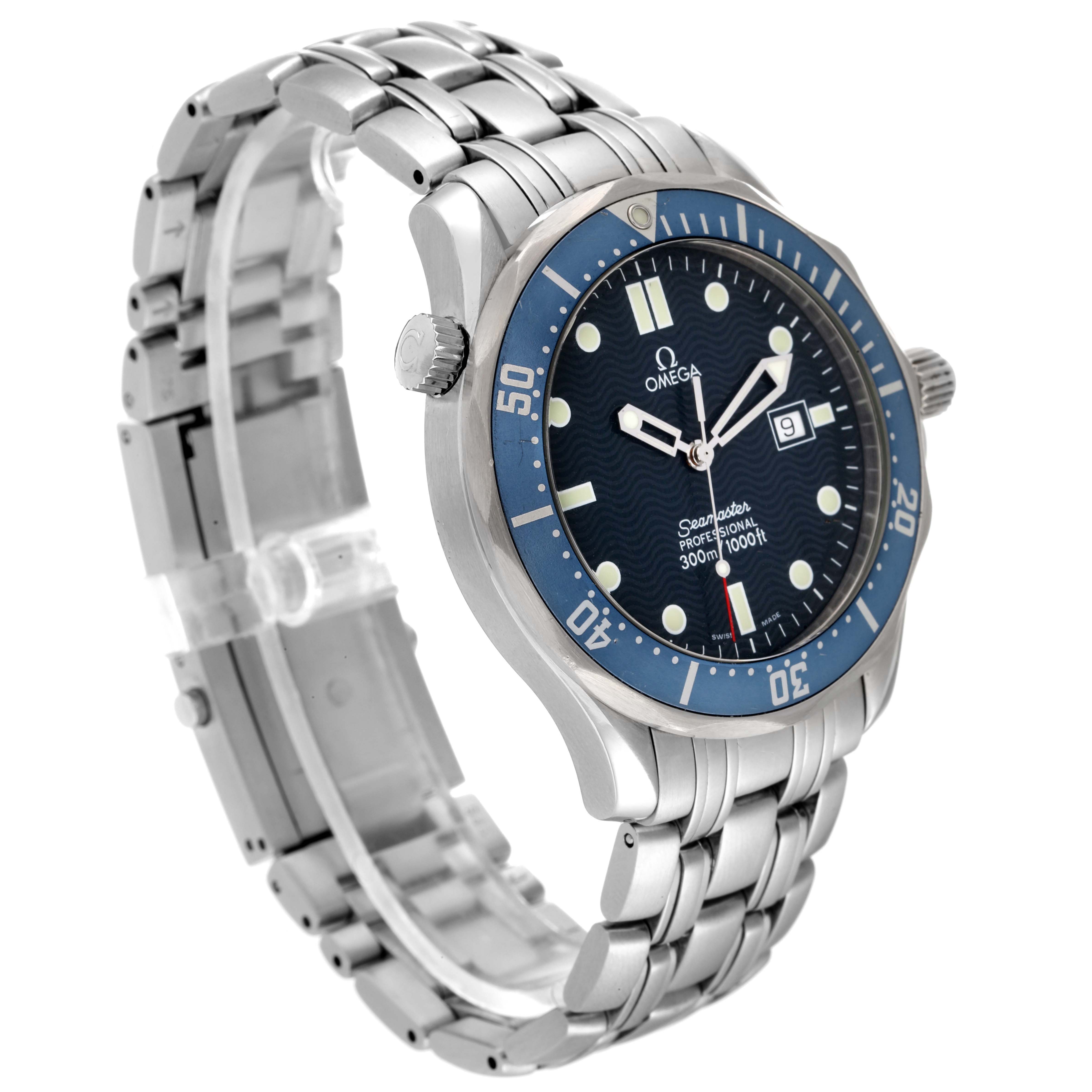 The Omega Seamaster 2541.80.00 Men's Stainless Steel Blue Dial 2541.80.00 Men's Stainless Steel Blue Dial watch is shown at a slight angle, highlighting the face, bezel, crown, and metal bracelet.