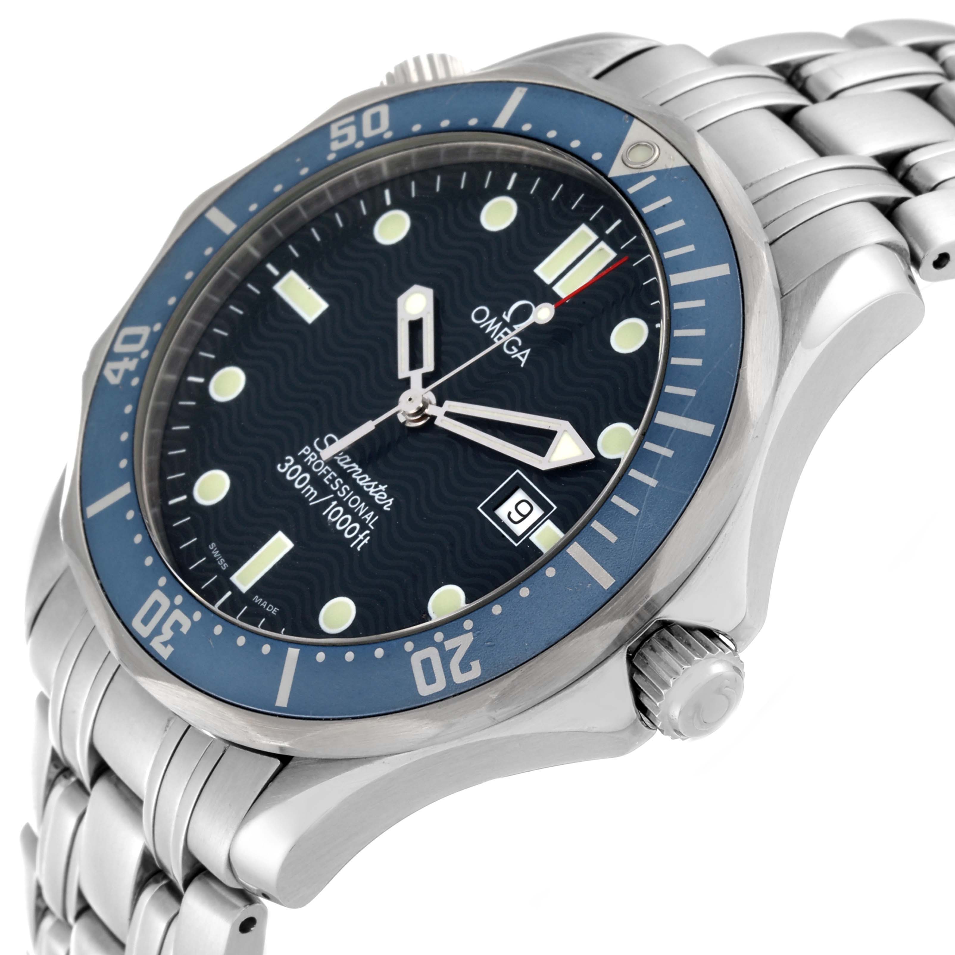 The image shows a side angle of the Omega Seamaster 2541.80.00 Men's Stainless Steel Blue Dial 2541.80.00 Men's Stainless Steel Blue Dial watch, highlighting its bezel, face, crown, and bracelet.
