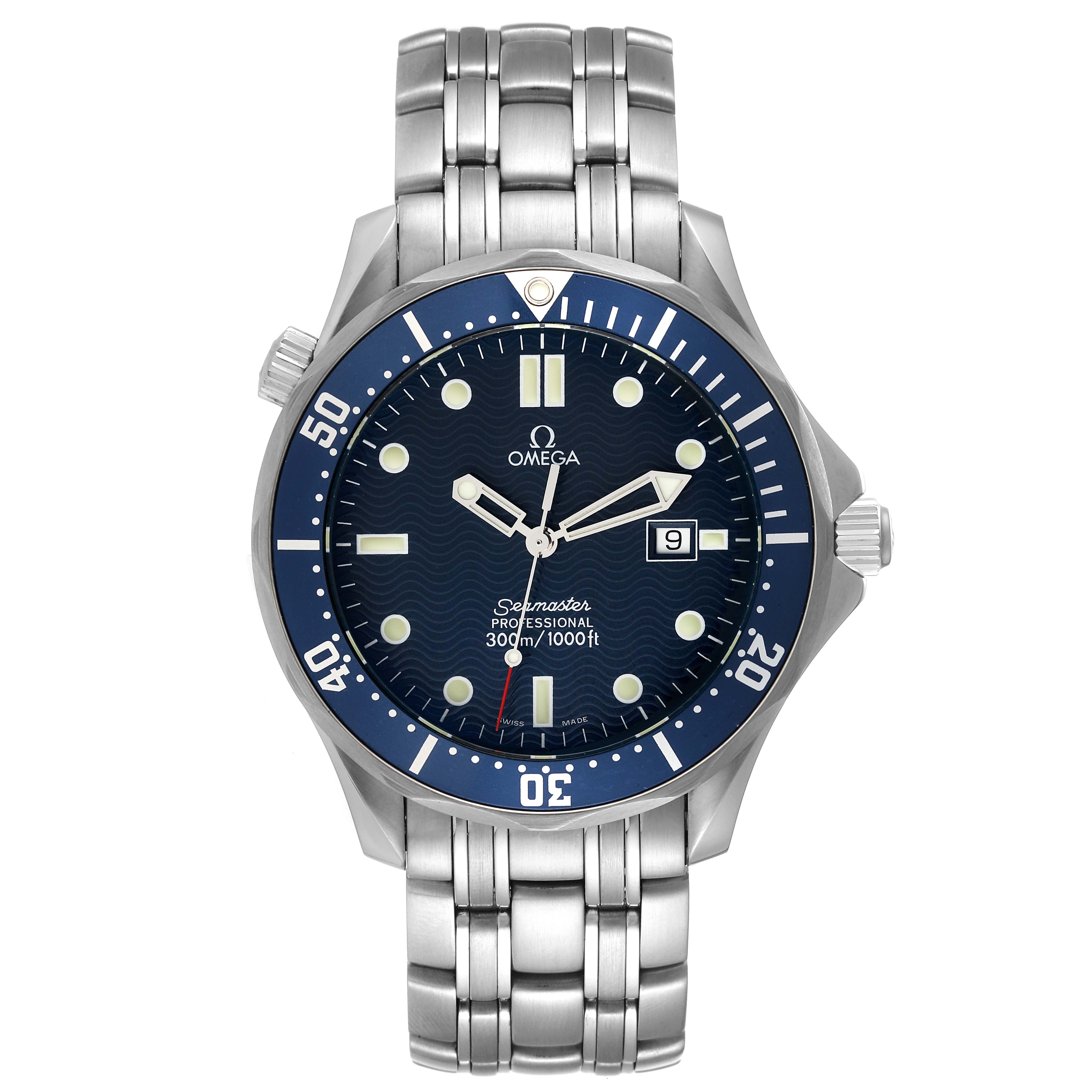 This Omega Seamaster 2541.80.00 Men's Stainless Steel Blue Dial 2541.80.00 Men's Stainless Steel Blue Dial watch is shown from a top-down angle, displaying its face, bezel, and stainless steel bracelet.