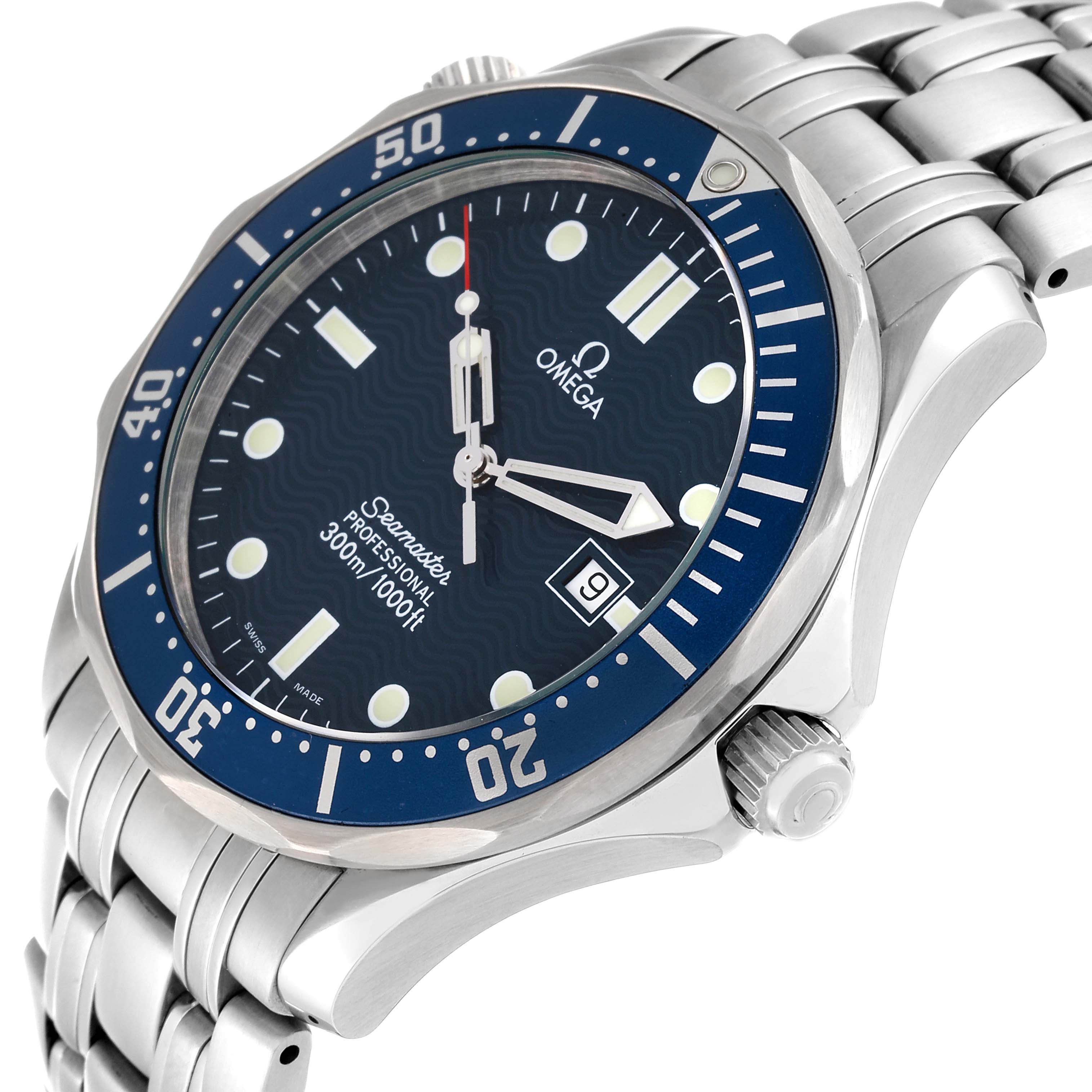 This image shows a close-up angled view of the Omega Seamaster 2541.80.00 Men's Stainless Steel Blue Dial 2541.80.00 Men's Stainless Steel Blue Dial's face, bezel, crown, and part of the bracelet.