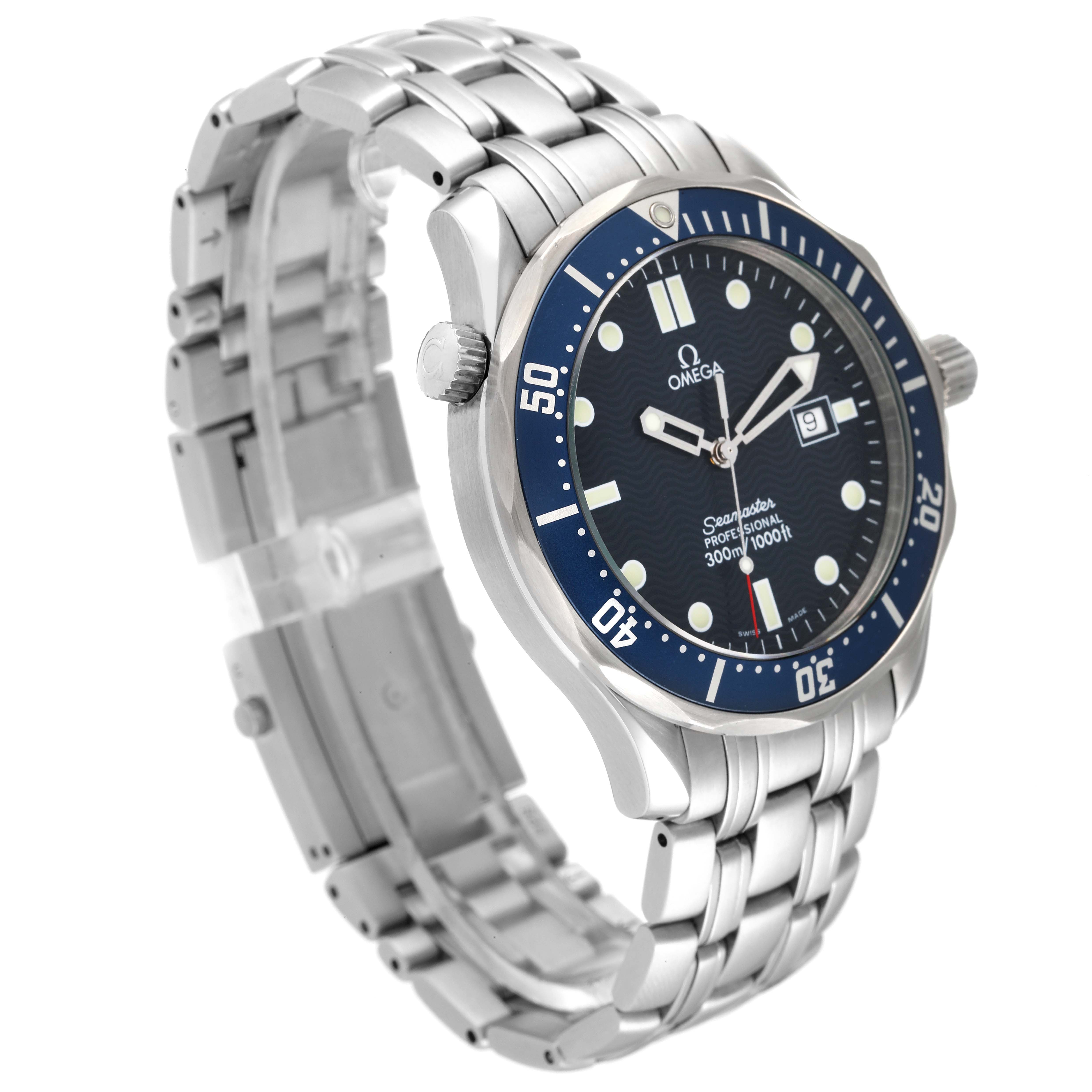 The Omega Seamaster 2541.80.00 Men's Stainless Steel Blue Dial 2541.80.00 Men's Stainless Steel Blue Dial watch is shown at an angle displaying the dial, bracelet, bezel, and crown.