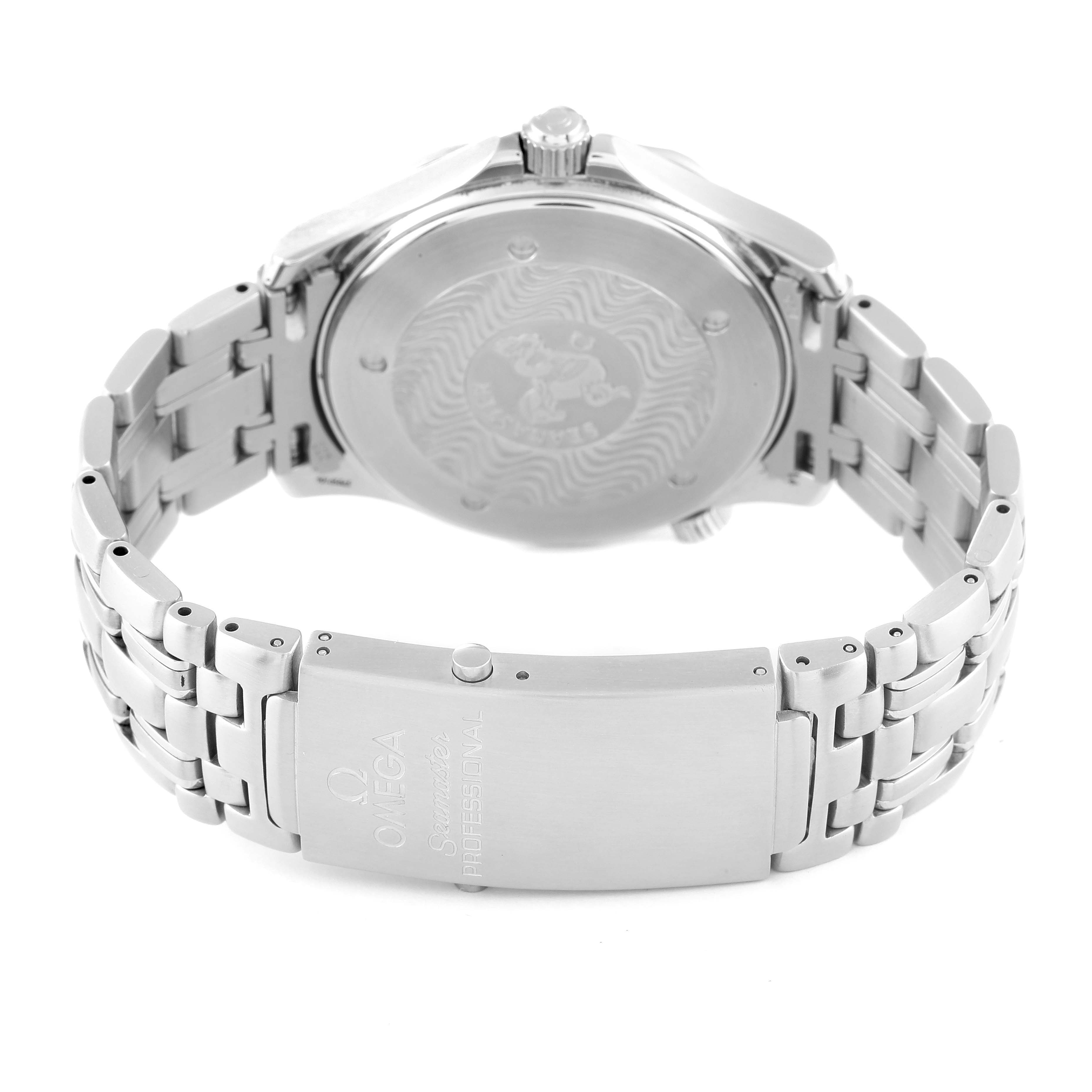 The image shows the back case and stainless steel bracelet of an Omega Seamaster 2541.80.00 Men's Stainless Steel Blue Dial 2541.80.00 Men's Stainless Steel Blue Dial watch from a rear angle.