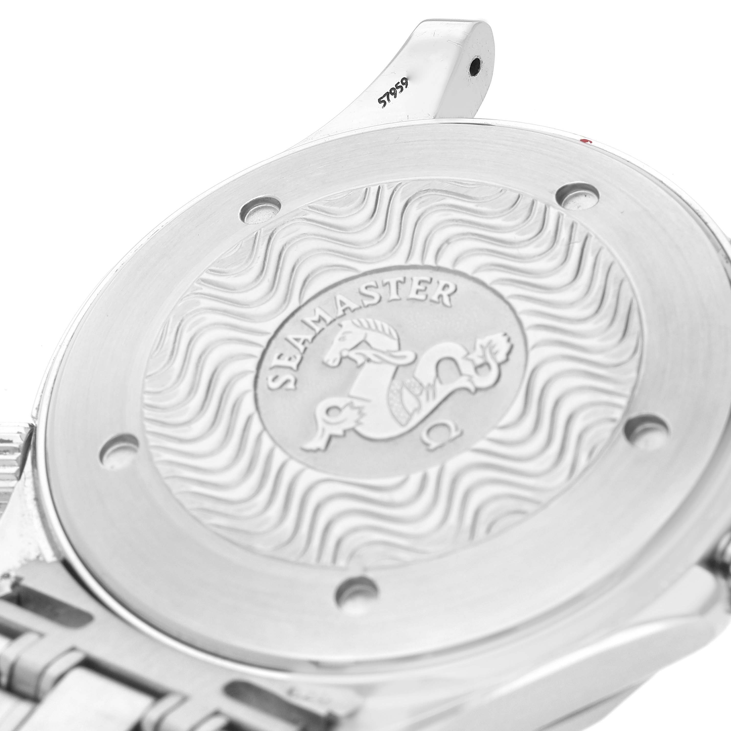 This image shows the case back of an Omega Seamaster 2541.80.00 Men's Stainless Steel Blue Dial 2541.80.00 Men's Stainless Steel Blue Dial watch, featuring its engraved logo and wavy pattern.