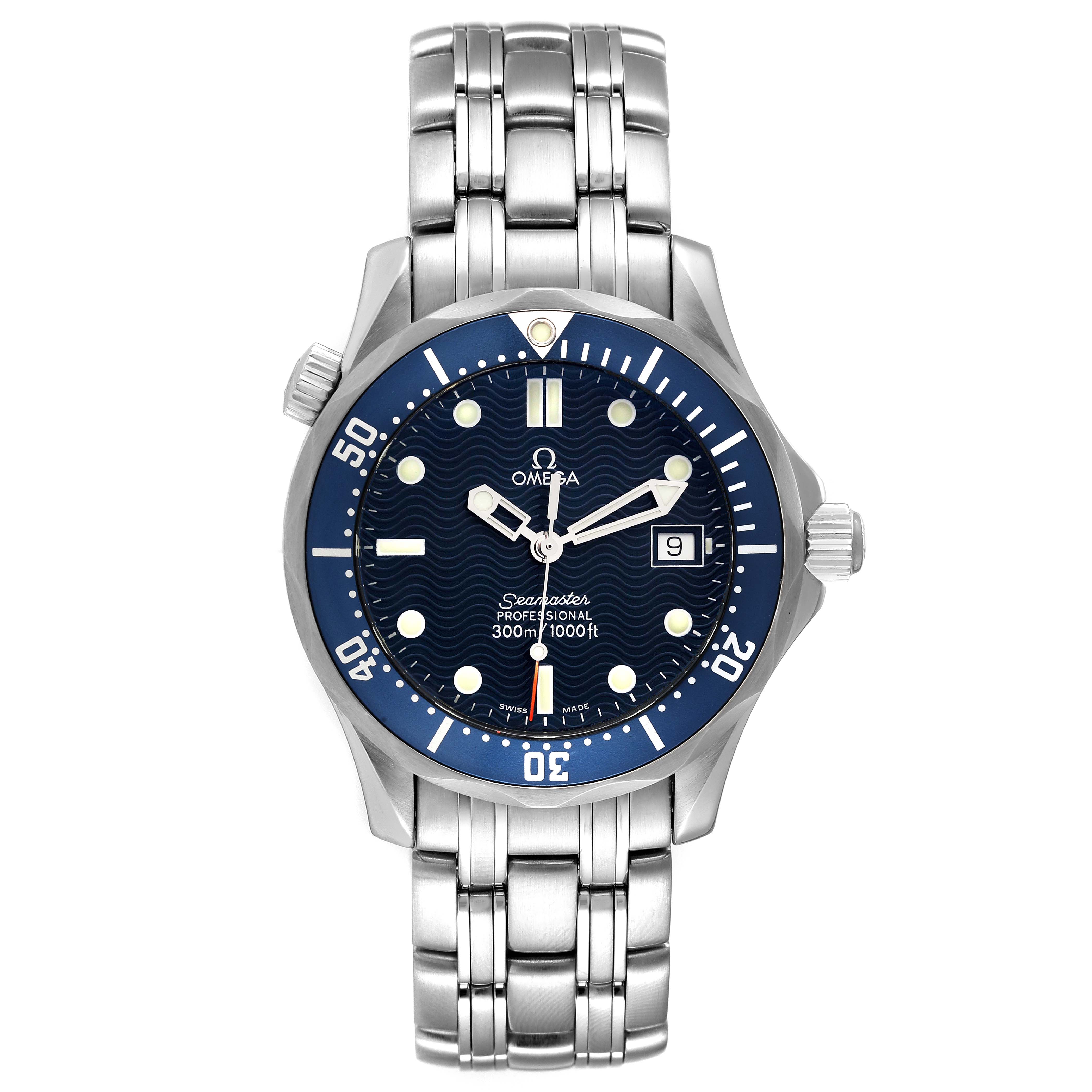 The Omega Seamaster 2561.80.00 Men's Stainless Steel Blue Dial 2561.80.00 Men's Stainless Steel Blue Dial watch is shown from the front, displaying the dial, bezel, case, bracelet, and crown.