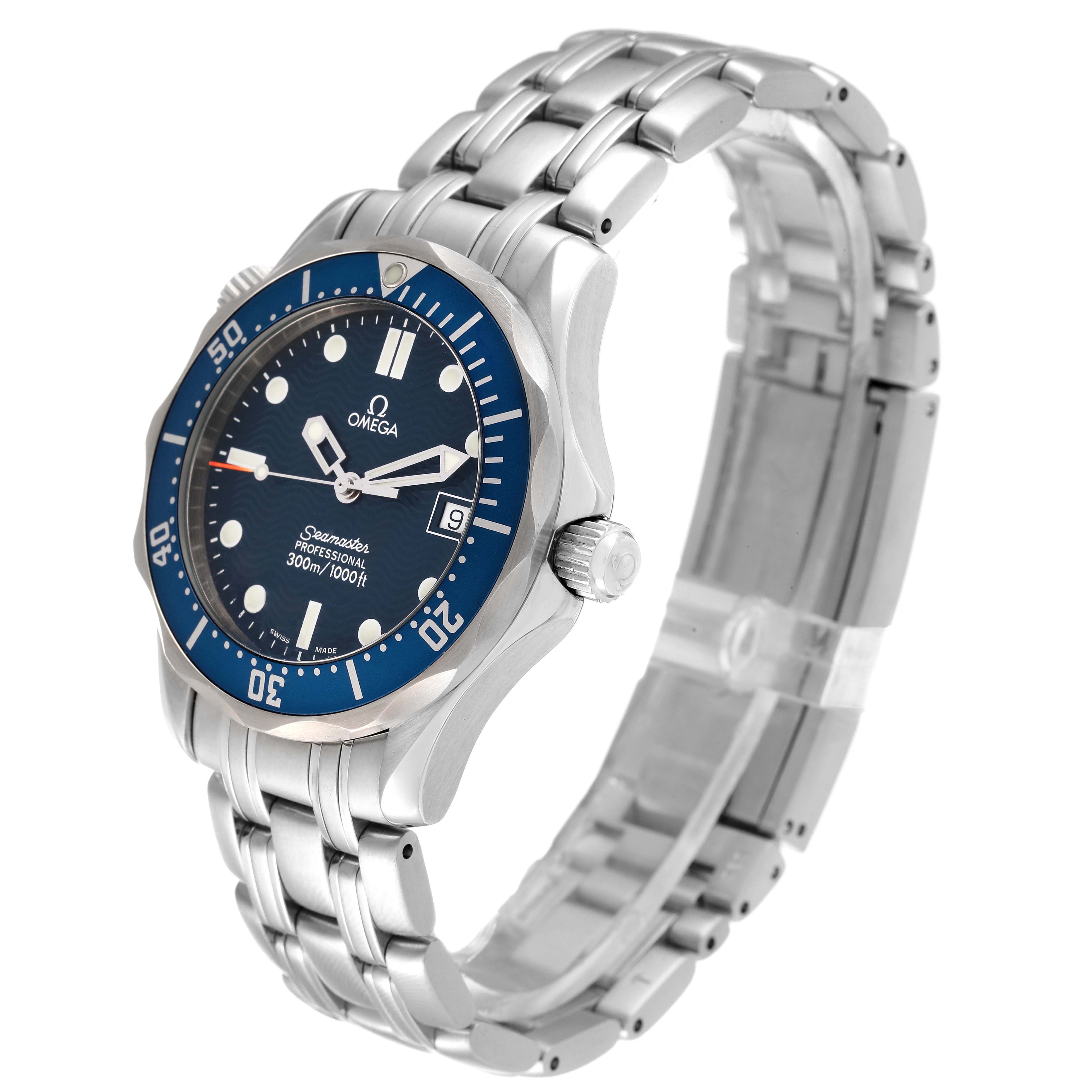 The Omega Seamaster 2561.80.00 Men's Stainless Steel Blue Dial 2561.80.00 Men's Stainless Steel Blue Dial watch is shown at a side angle, featuring its blue dial, bezel, and stainless steel bracelet.