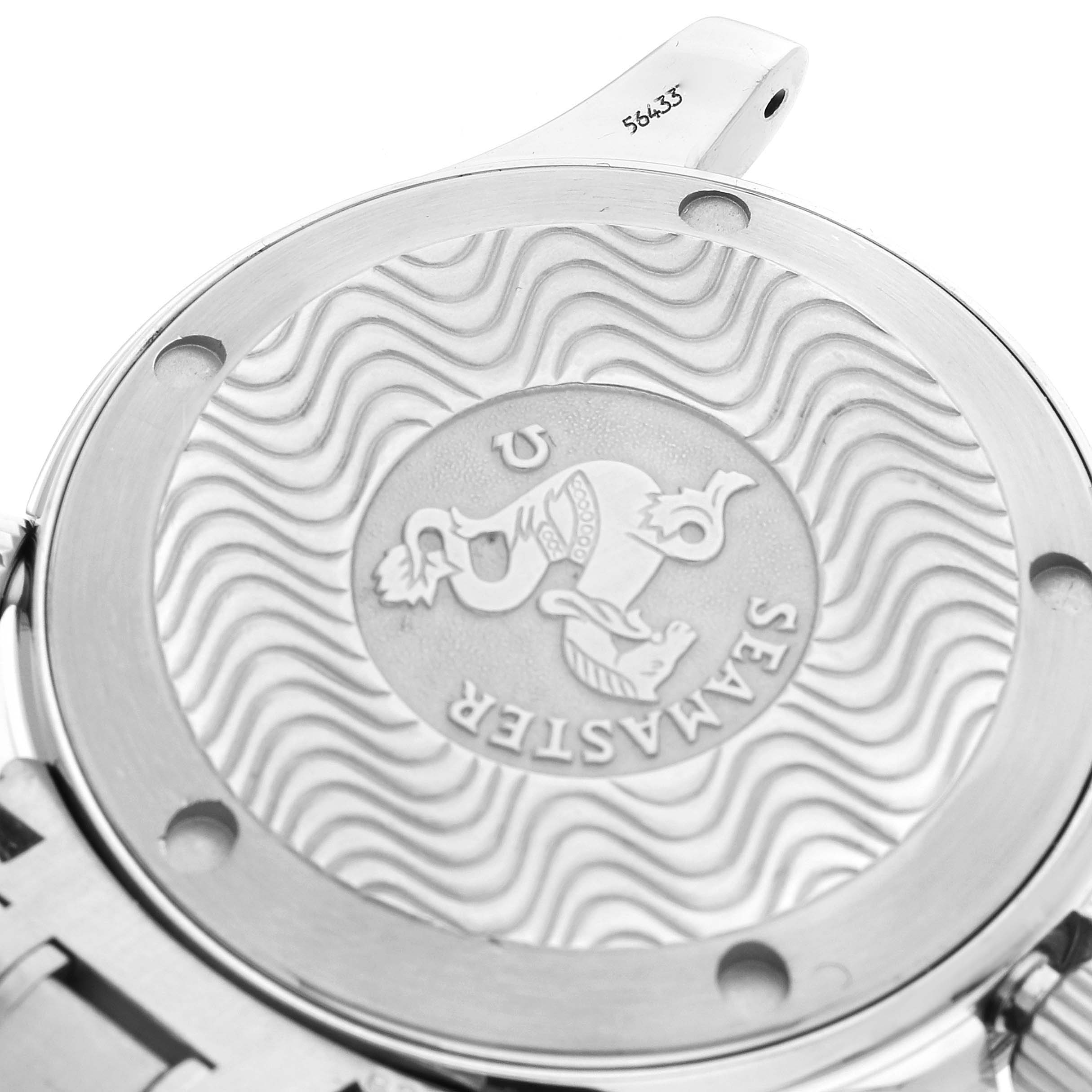 The image shows the engraved case back of an Omega Seamaster 2561.80.00 Men's Stainless Steel Blue Dial 2561.80.00 Men's Stainless Steel Blue Dial watch, partially revealing the bracelet attachment point.