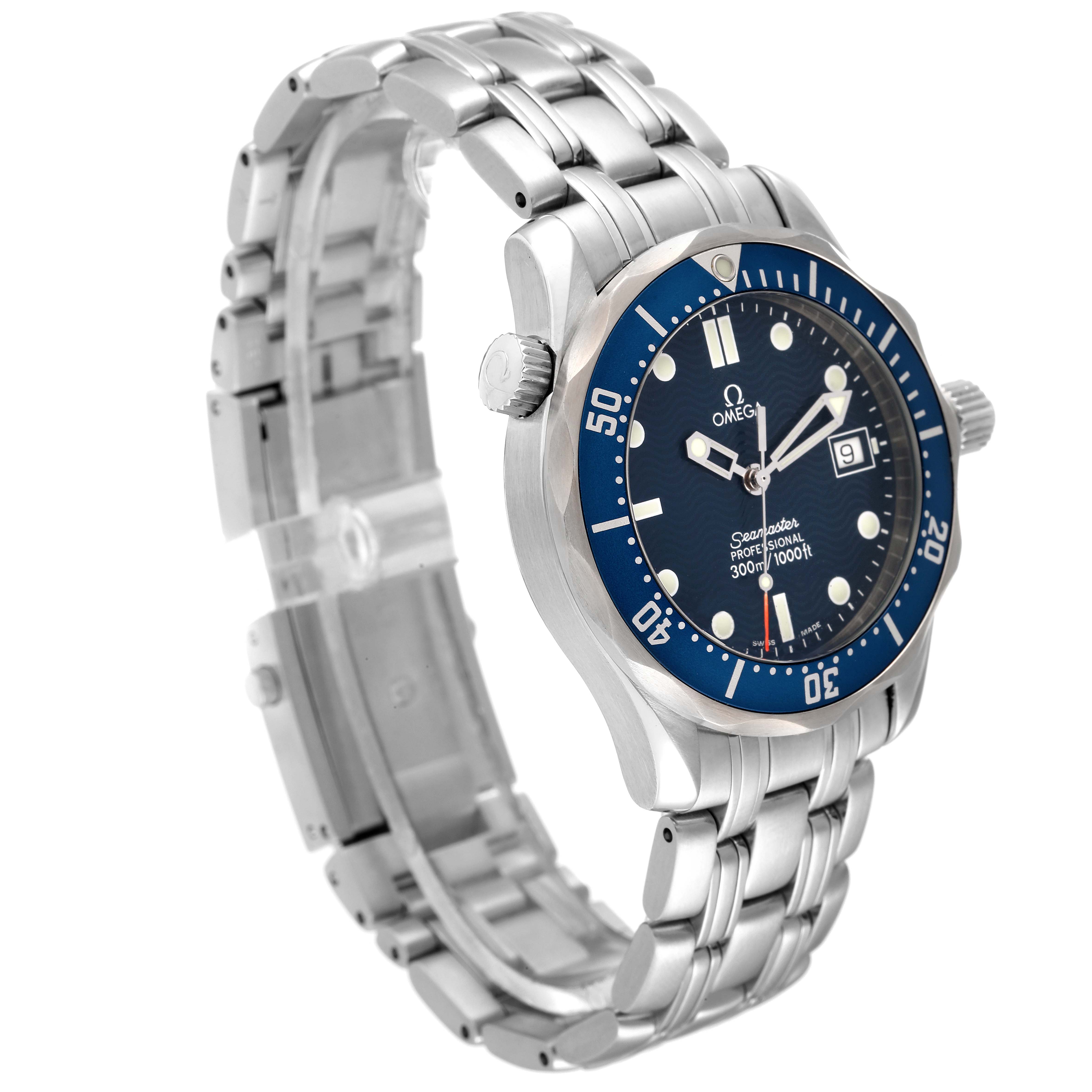 The image shows an Omega Seamaster 2561.80.00 Men's Stainless Steel Blue Dial 2561.80.00 Men's Stainless Steel Blue Dial watch at a three-quarter angle, highlighting the face, bezel, bracelet, and crown.
