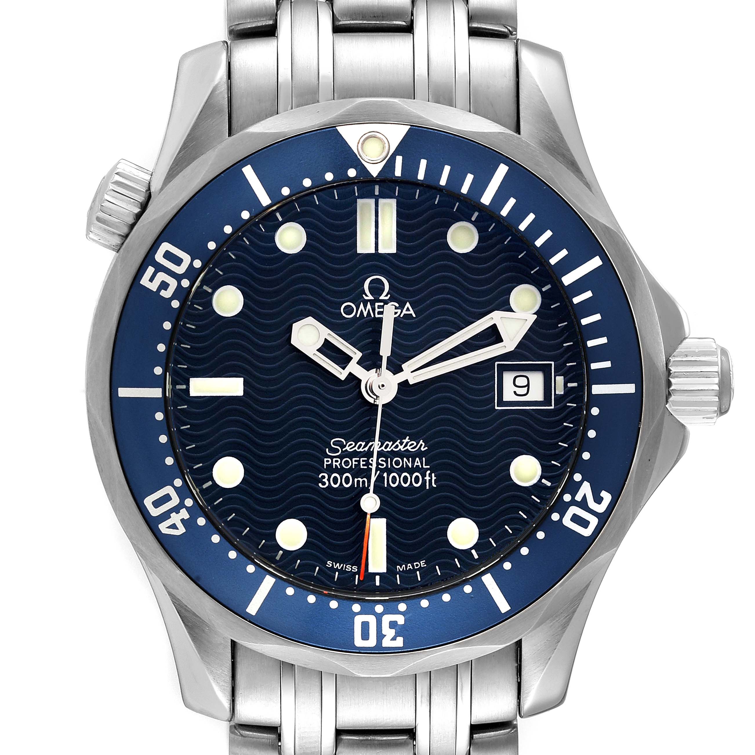 This image shows a front view of an Omega Seamaster 2561.80.00 Men's Stainless Steel Blue Dial 2561.80.00 Men's Stainless Steel Blue Dial watch, highlighting its dial, bezel, and metal bracelet.