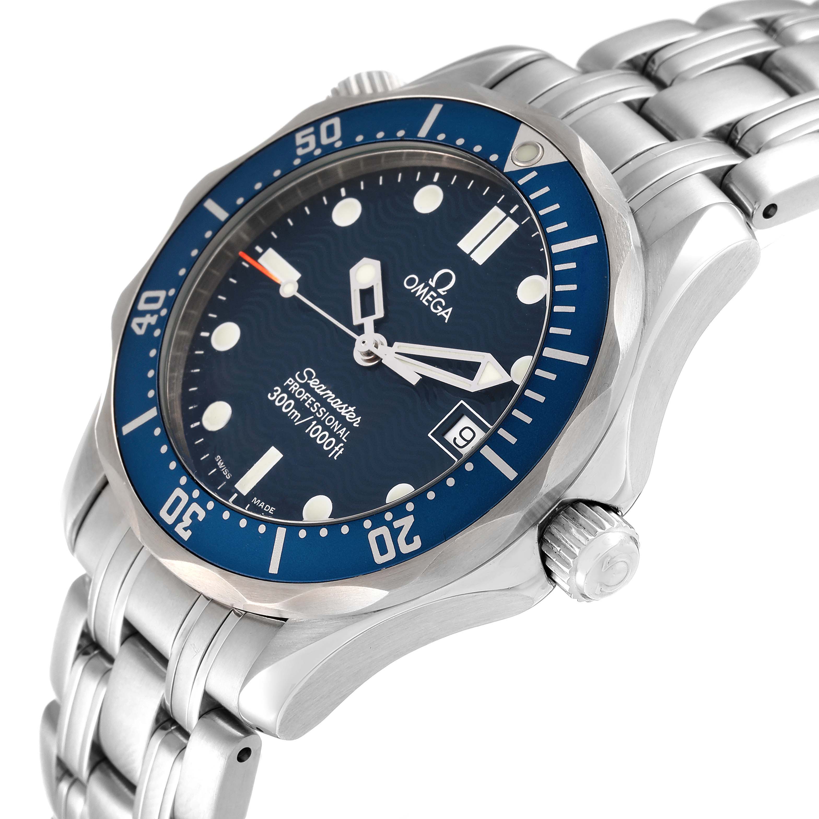 This image shows an Omega Seamaster 2561.80.00 Men's Stainless Steel Blue Dial 2561.80.00 Men's Stainless Steel Blue Dial watch at a slight angle, displaying the face, bezel, crown, and part of the stainless steel bracelet.