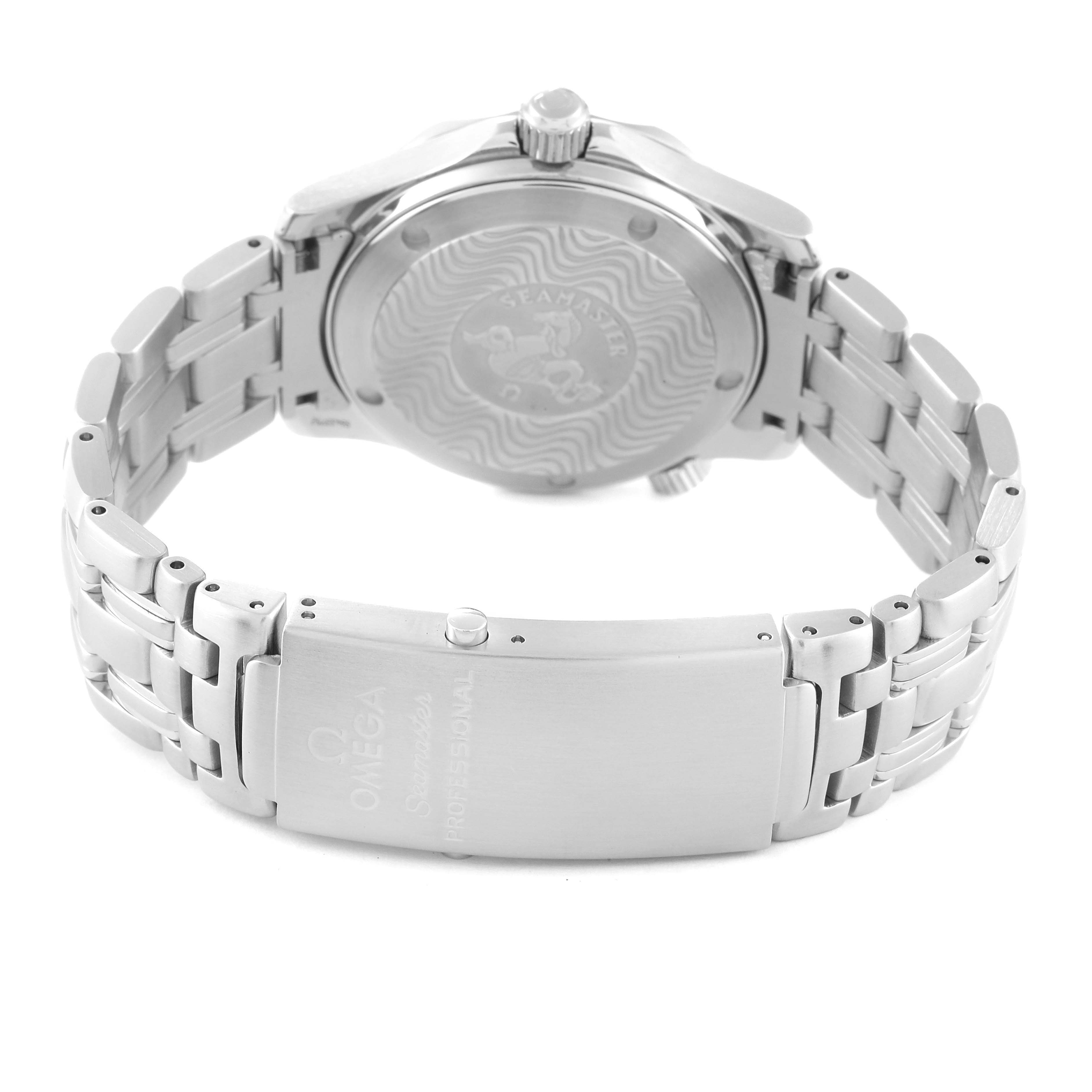 The image shows the back and clasp of an Omega Seamaster 2561.80.00 Men's Stainless Steel Blue Dial 2561.80.00 Men's Stainless Steel Blue Dial watch, highlighting the case back and bracelet.