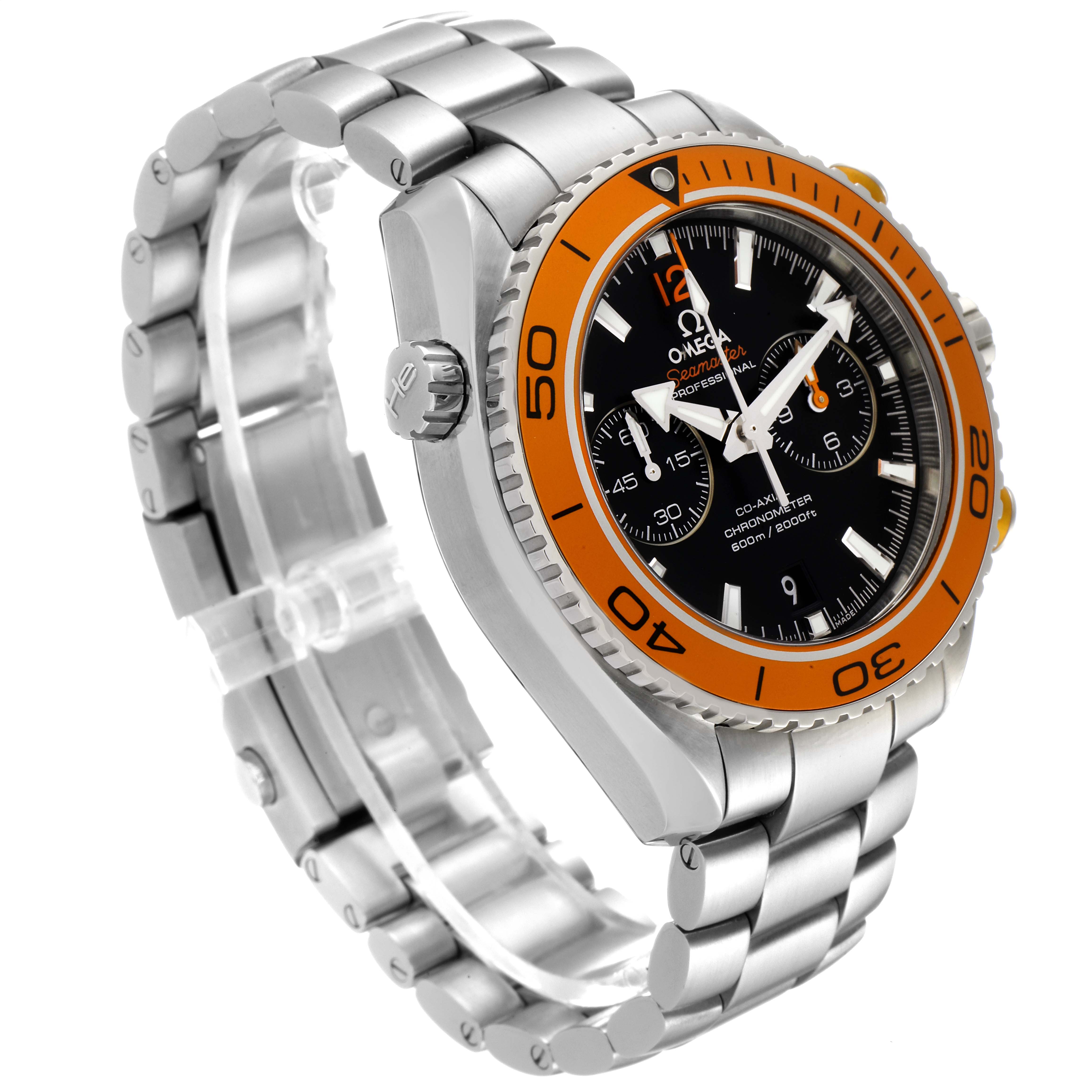 The image shows a side and front angle of the Omega Planet Ocean 232.30.46.51.01.002 Men
s Stainless Steel Black Dial 232.30.46.51.01.002 Men
s Stainless Steel Black Dial watch, highlighting its orange bezel and metal bracelet.