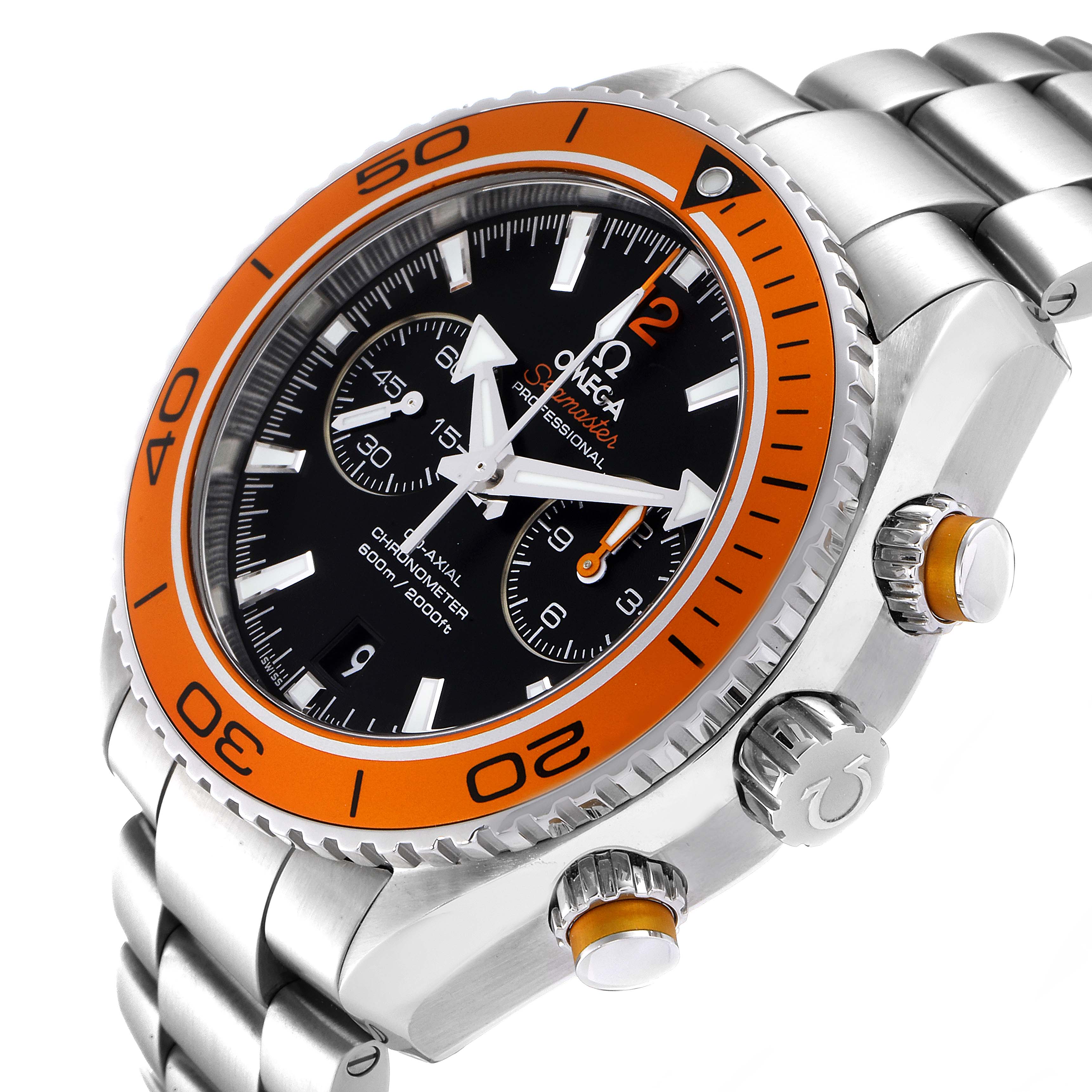 The Omega Planet Ocean 232.30.46.51.01.002 Men
s Stainless Steel Black Dial 232.30.46.51.01.002 Men
s Stainless Steel Black Dial watch is shown at an angle displaying its face, orange bezel, crown, and chronograph pushers.