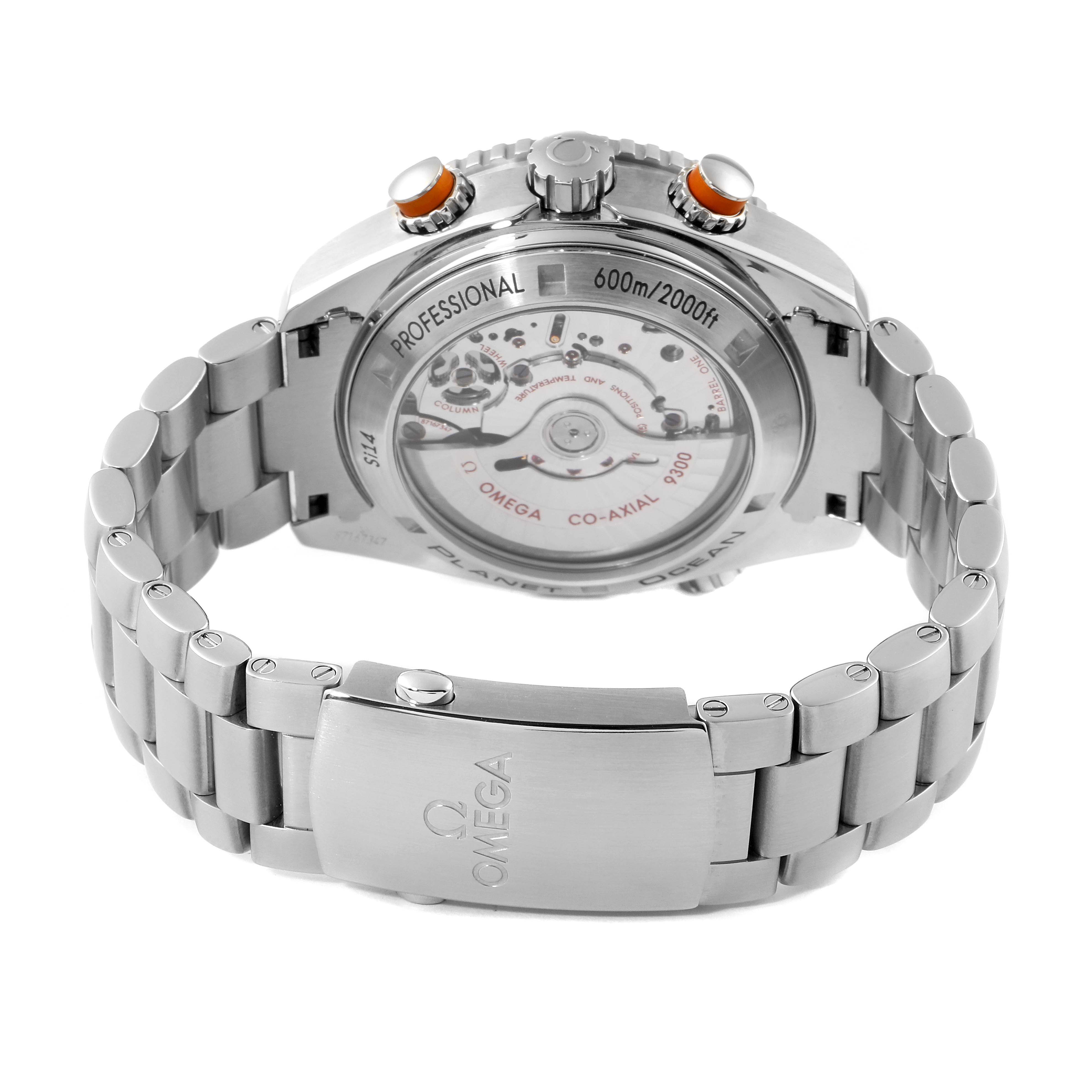 The image shows the back view of the Omega Planet Ocean 232.30.46.51.01.002 Men
s Stainless Steel Black Dial 232.30.46.51.01.002 Men
s Stainless Steel Black Dial watch, showcasing its transparent case back, bracelet, and clasp.