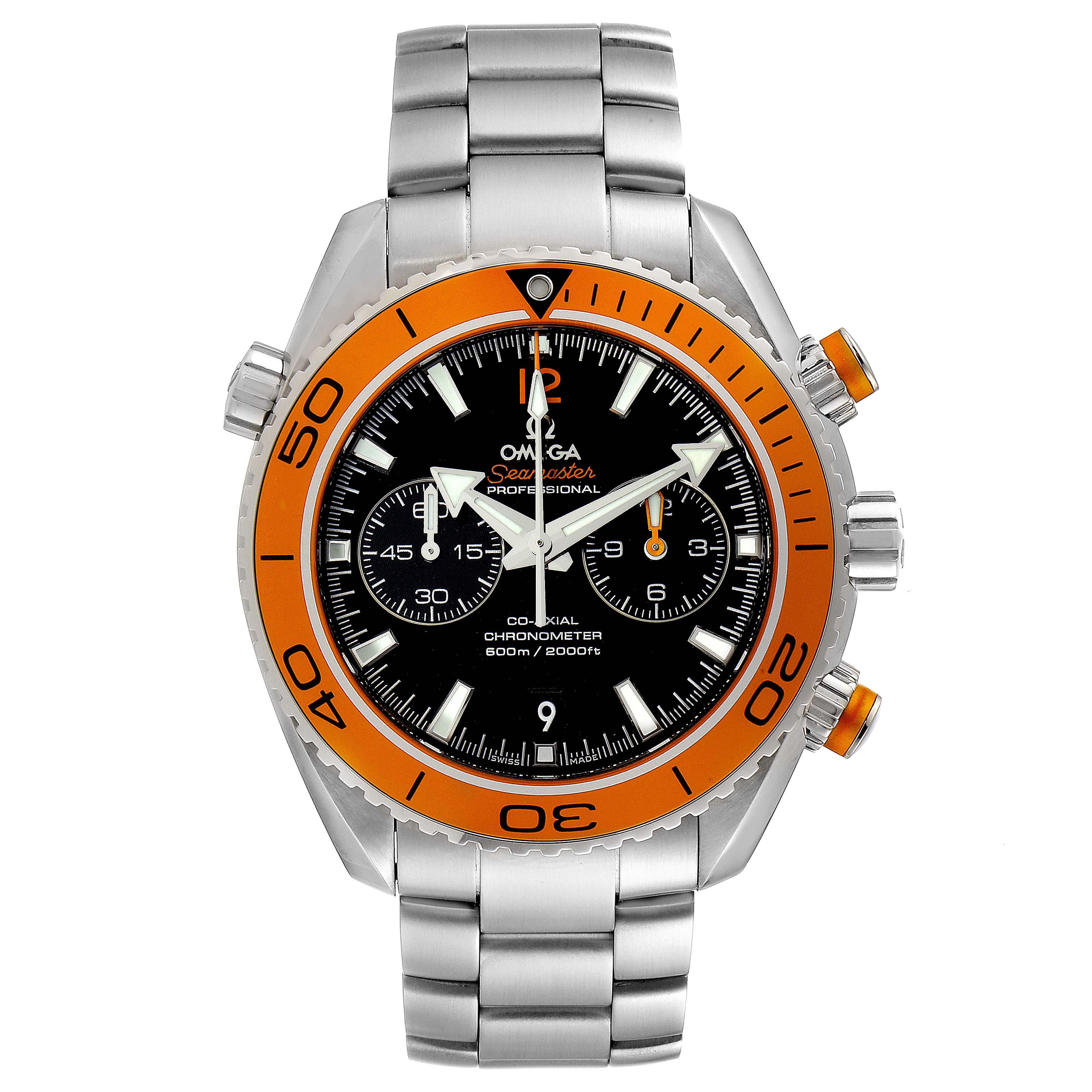 This image shows a front view of the Omega Planet Ocean 232.30.46.51.01.002 Men
s Stainless Steel Black Dial 232.30.46.51.01.002 Men
s Stainless Steel Black Dial model watch, featuring a stainless steel bracelet and an orange bezel.