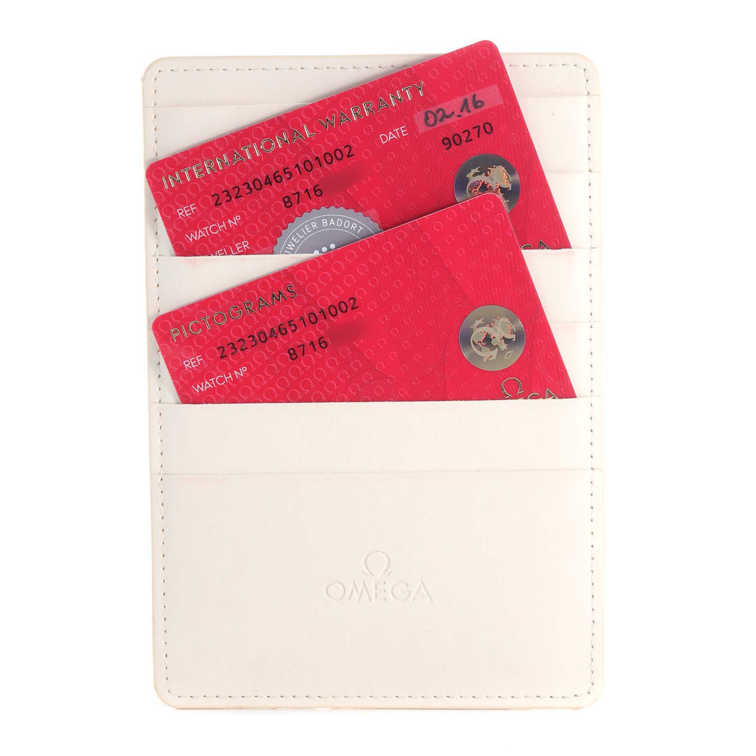 The image shows the warranty and pictograms cards for the Omega Planet Ocean 232.30.46.51.01.002 Men
s Stainless Steel Black Dial 232.30.46.51.01.002 Men
s Stainless Steel Black Dial model in a white Omega card holder.