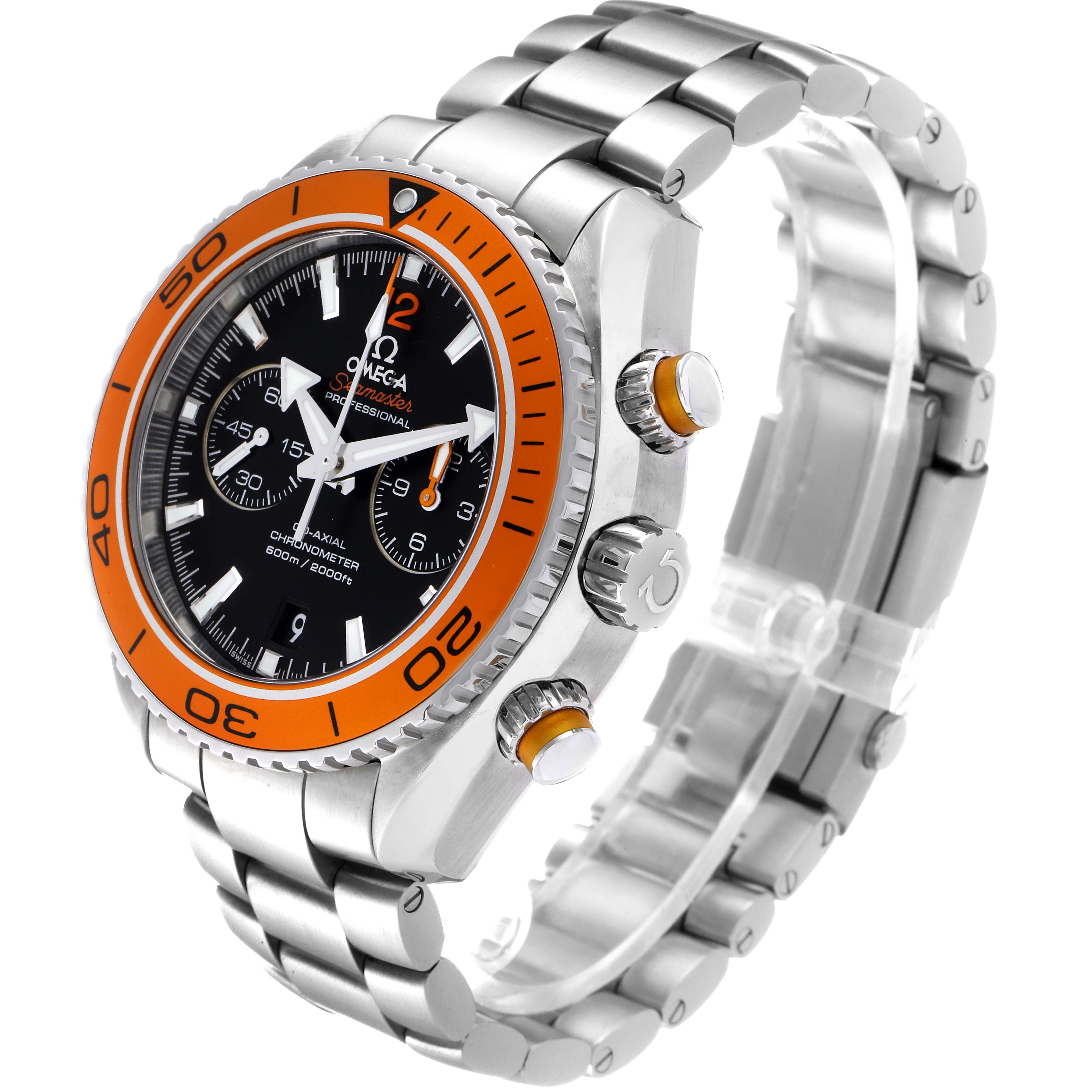 The image shows an Omega Planet Ocean 232.30.46.51.01.002 Men
s Stainless Steel Black Dial 232.30.46.51.01.002 Men
s Stainless Steel Black Dial watch at a three-quarter view, highlighting the orange bezel, stainless steel bracelet, and chronograph dials.