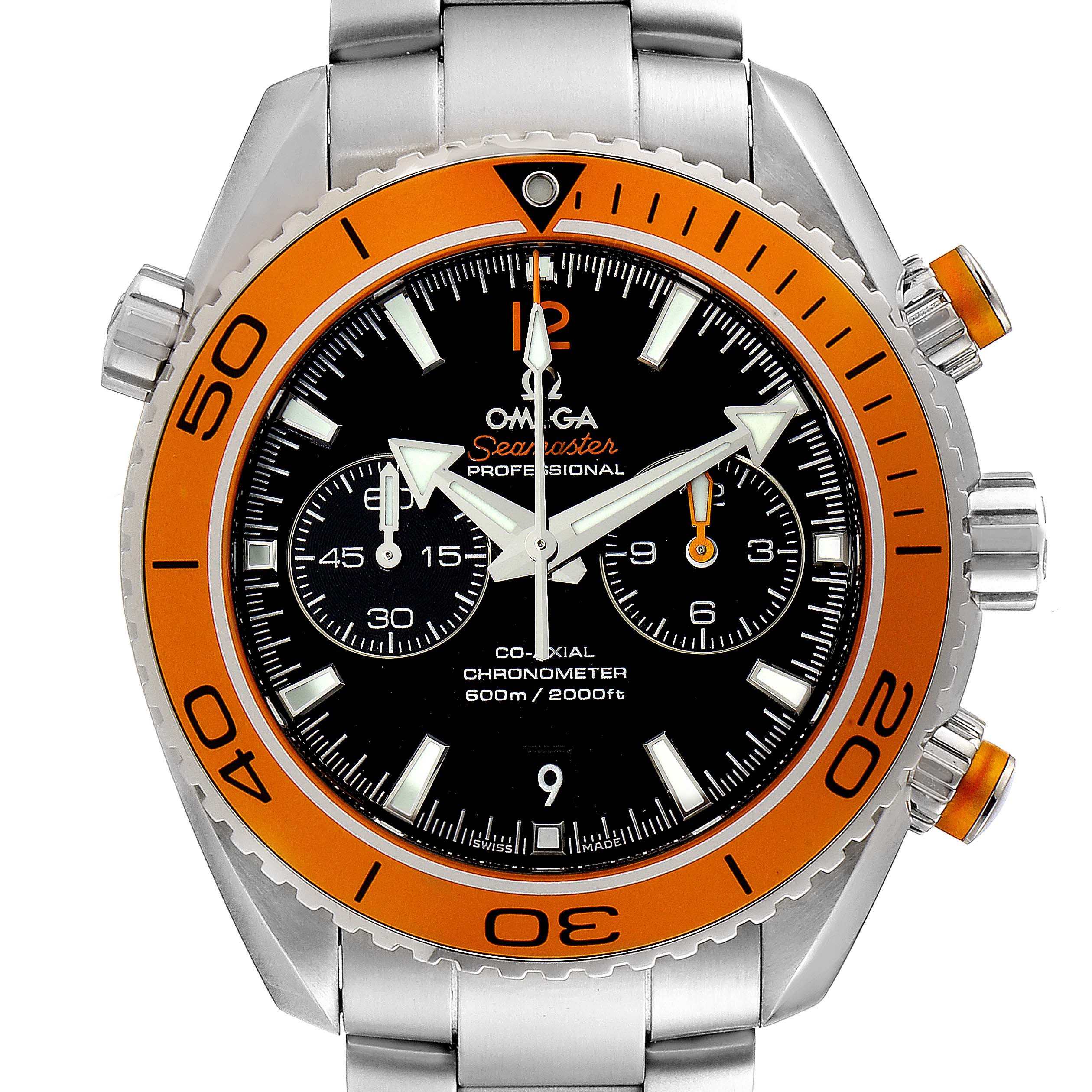 The image shows a front view of the Omega Planet Ocean 232.30.46.51.01.002 Men
s Stainless Steel Black Dial 232.30.46.51.01.002 Men
s Stainless Steel Black Dial model watch, highlighting its bezel, dial, crown, and chronograph sub-dials.