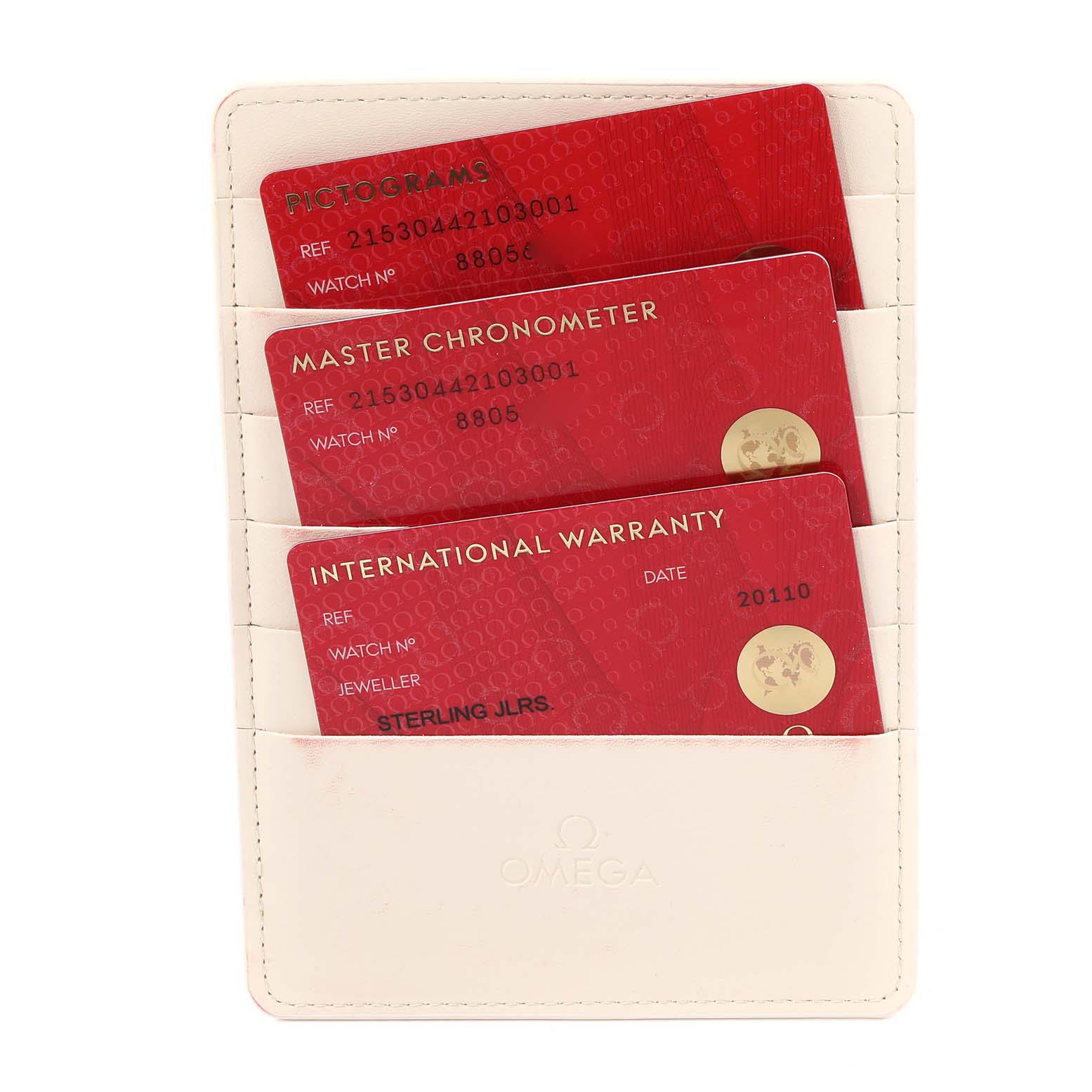 The image shows warranty cards and certifications for the Omega Planet Ocean 215.30.44.21.03.001 Men's Stainless Steel Blue Dial 215.30.44.21.03.001 Men's Stainless Steel Blue Dial model, placed in a white cardholder.