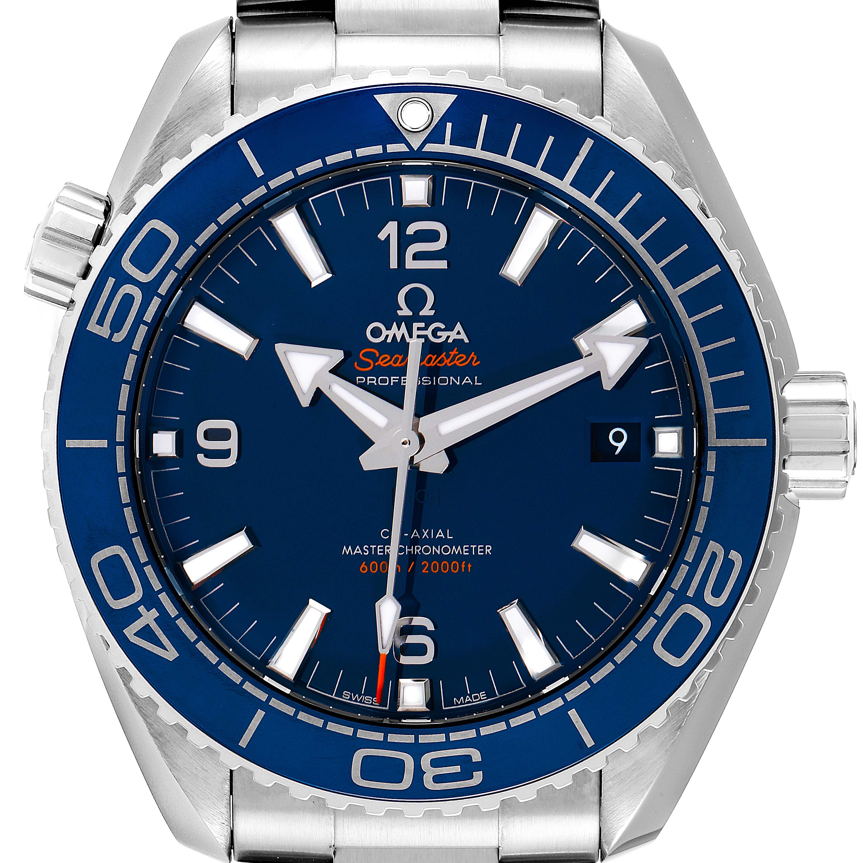 The image shows a front view of the Omega Planet Ocean 215.30.44.21.03.001 Men's Stainless Steel Blue Dial 215.30.44.21.03.001 Men's Stainless Steel Blue Dial Seamaster watch, highlighting the dial, bezel, hands, and bracelet.