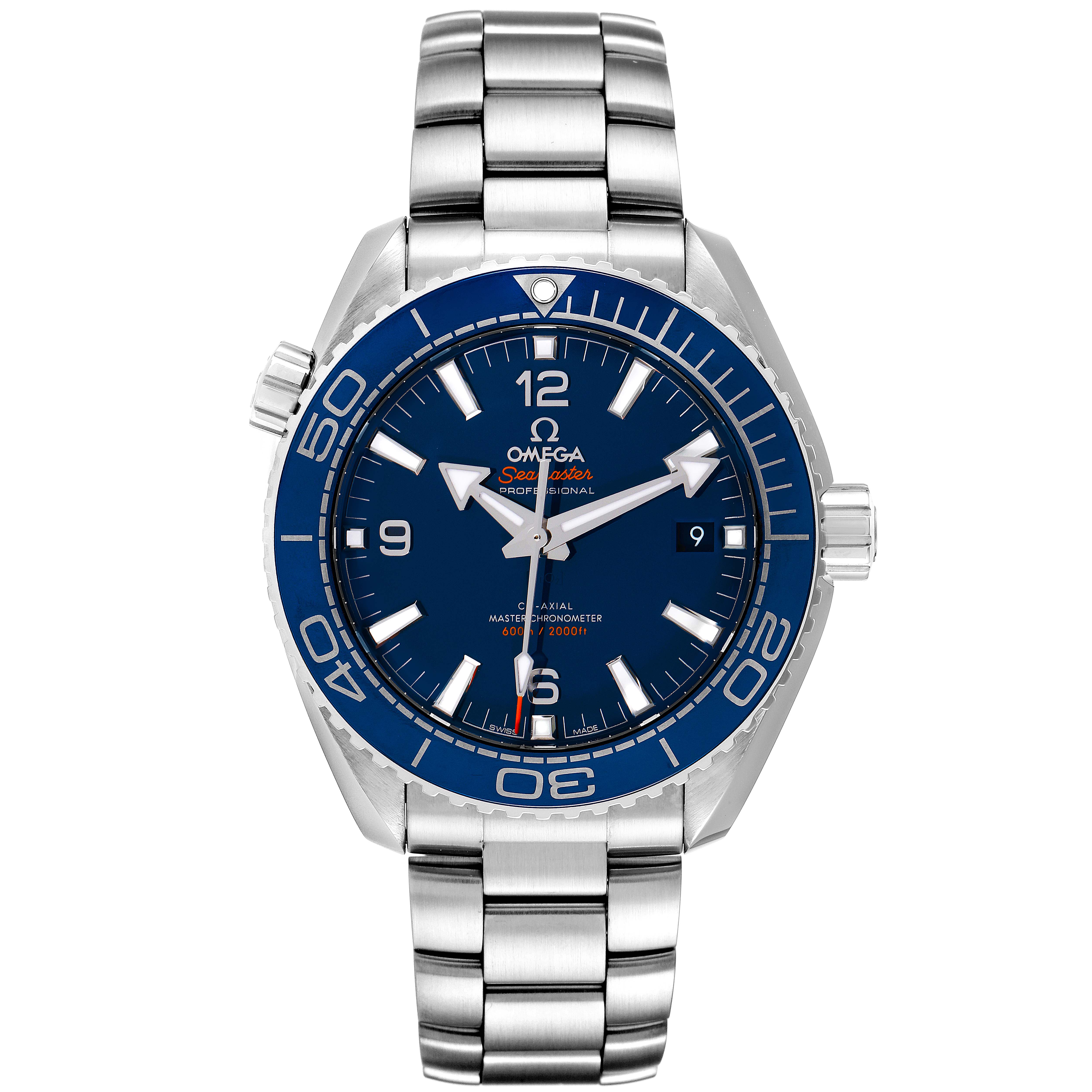 The image shows a front view of the Omega Planet Ocean 215.30.44.21.03.001 Men's Stainless Steel Blue Dial 215.30.44.21.03.001 Men's Stainless Steel Blue Dial watch, displaying the dial, bezel, bracelet, and crown.