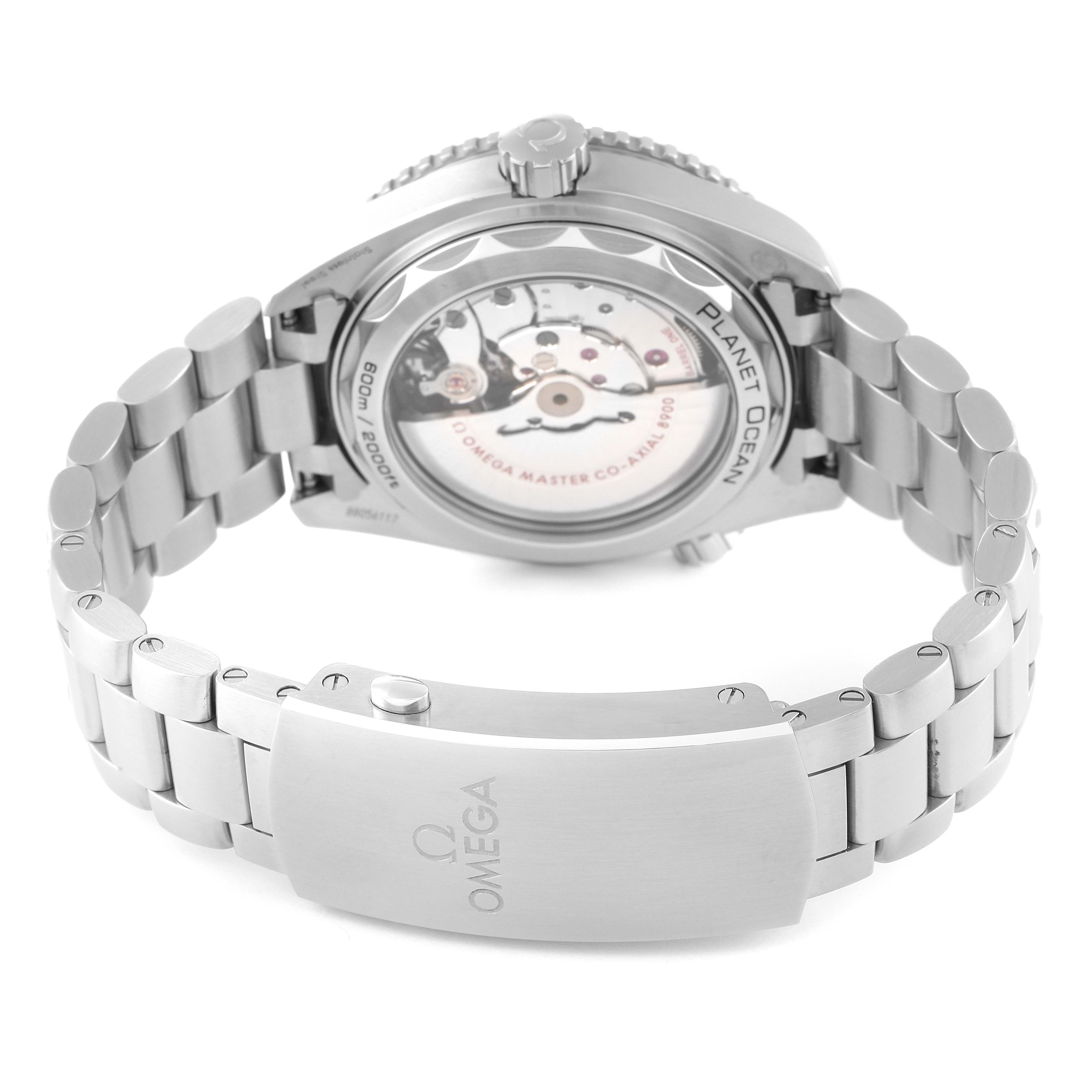 The image shows the back view of the Omega Planet Ocean 215.30.44.21.03.001 Men's Stainless Steel Blue Dial 215.30.44.21.03.001 Men's Stainless Steel Blue Dial watch, highlighting the clasp, bracelet, and transparent case back with visible movement.