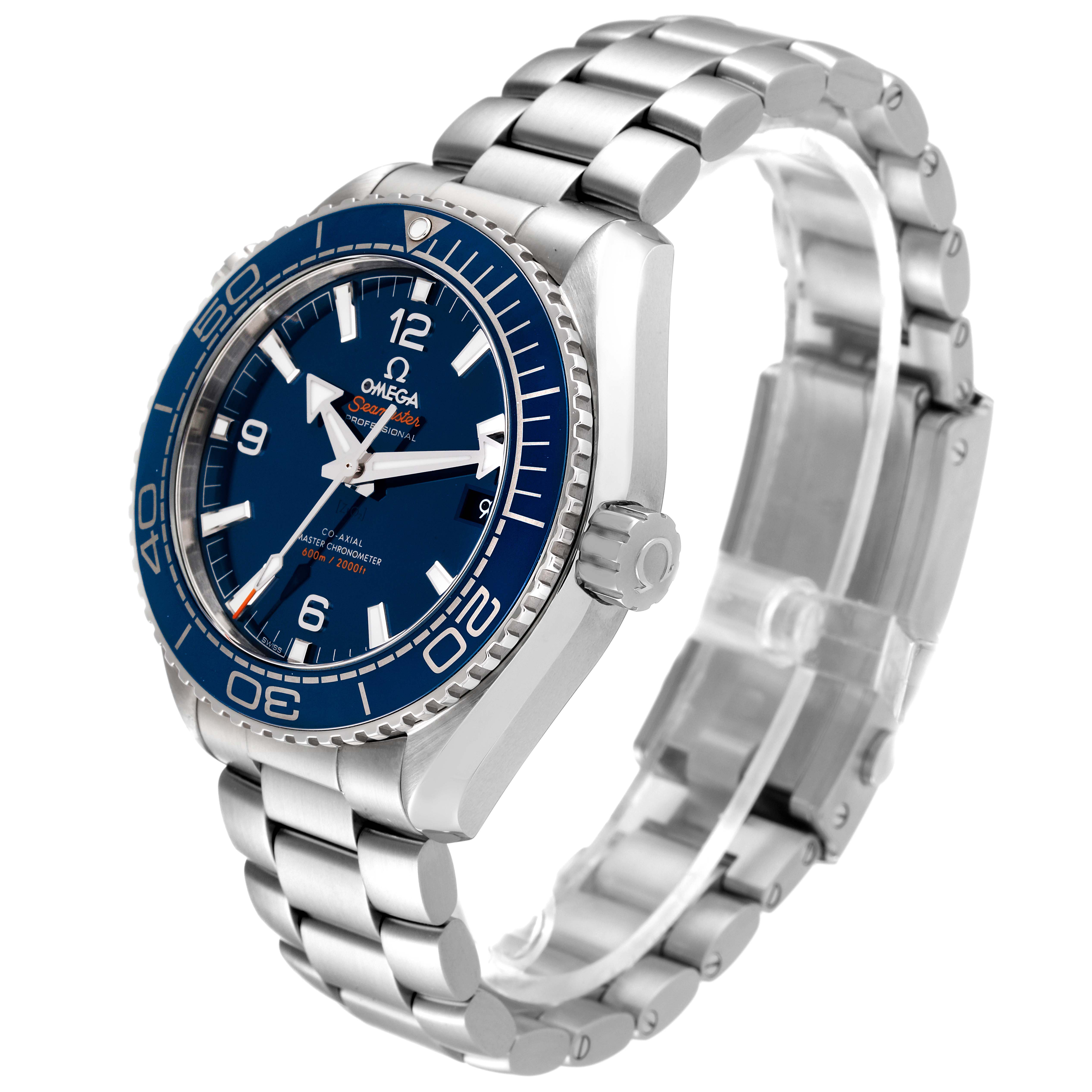 The image shows an Omega Planet Ocean 215.30.44.21.03.001 Men's Stainless Steel Blue Dial 215.30.44.21.03.001 Men's Stainless Steel Blue Dial watch at a three-quarter angle, highlighting the face, bezel, and metal bracelet.