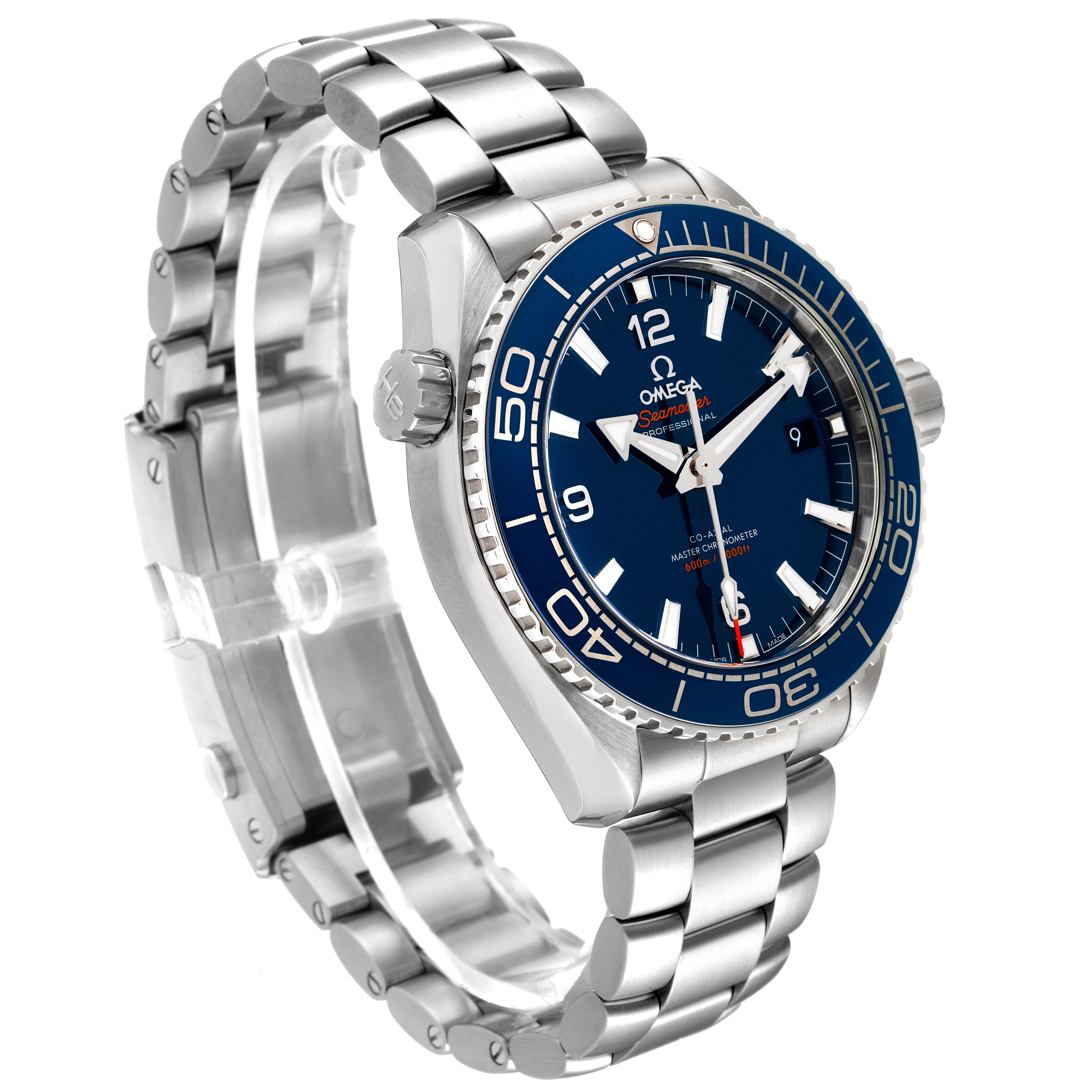 The image shows the Omega Planet Ocean 215.30.44.21.03.001 Men's Stainless Steel Blue Dial 215.30.44.21.03.001 Men's Stainless Steel Blue Dial watch from an angled side view, highlighting the bracelet, bezel, crown, and dial.