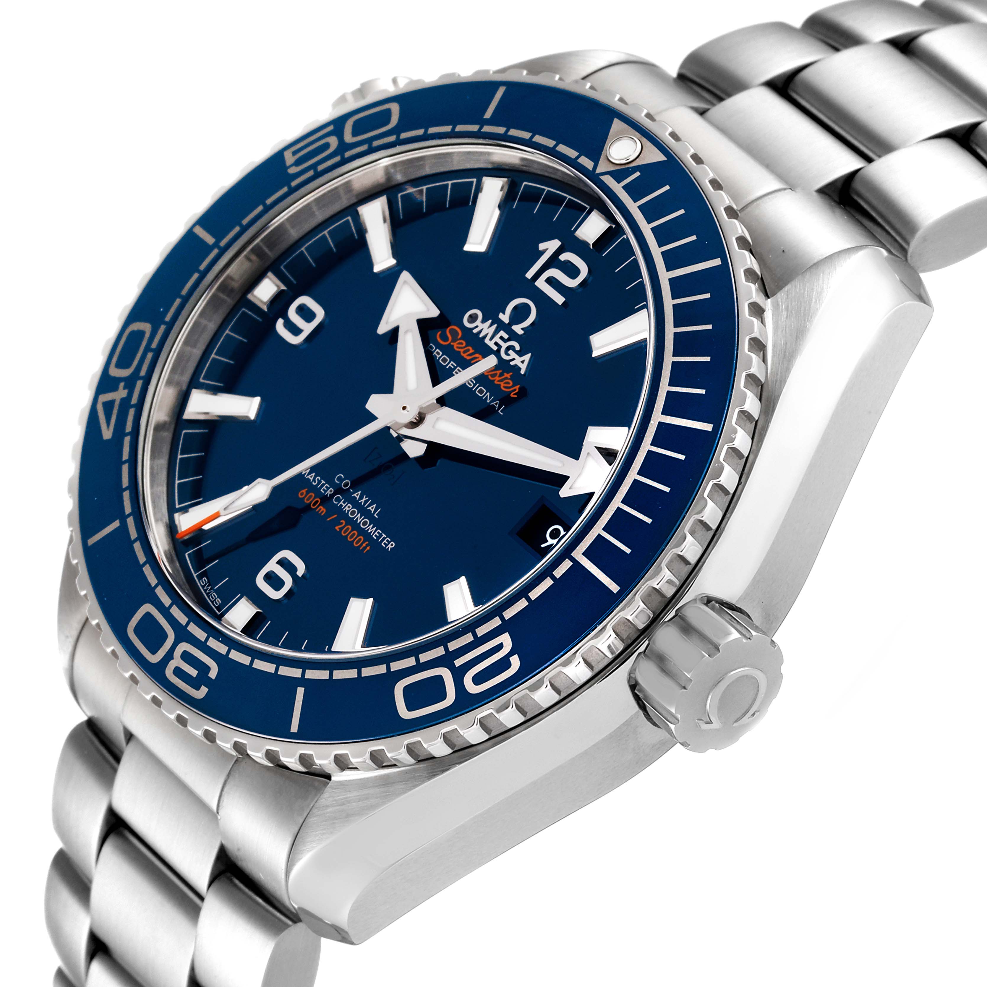 The image depicts an Omega Planet Ocean 215.30.44.21.03.001 Men's Stainless Steel Blue Dial 215.30.44.21.03.001 Men's Stainless Steel Blue Dial watch at a three-quarter angle, showcasing its dial, bezel, crown, and bracelet.