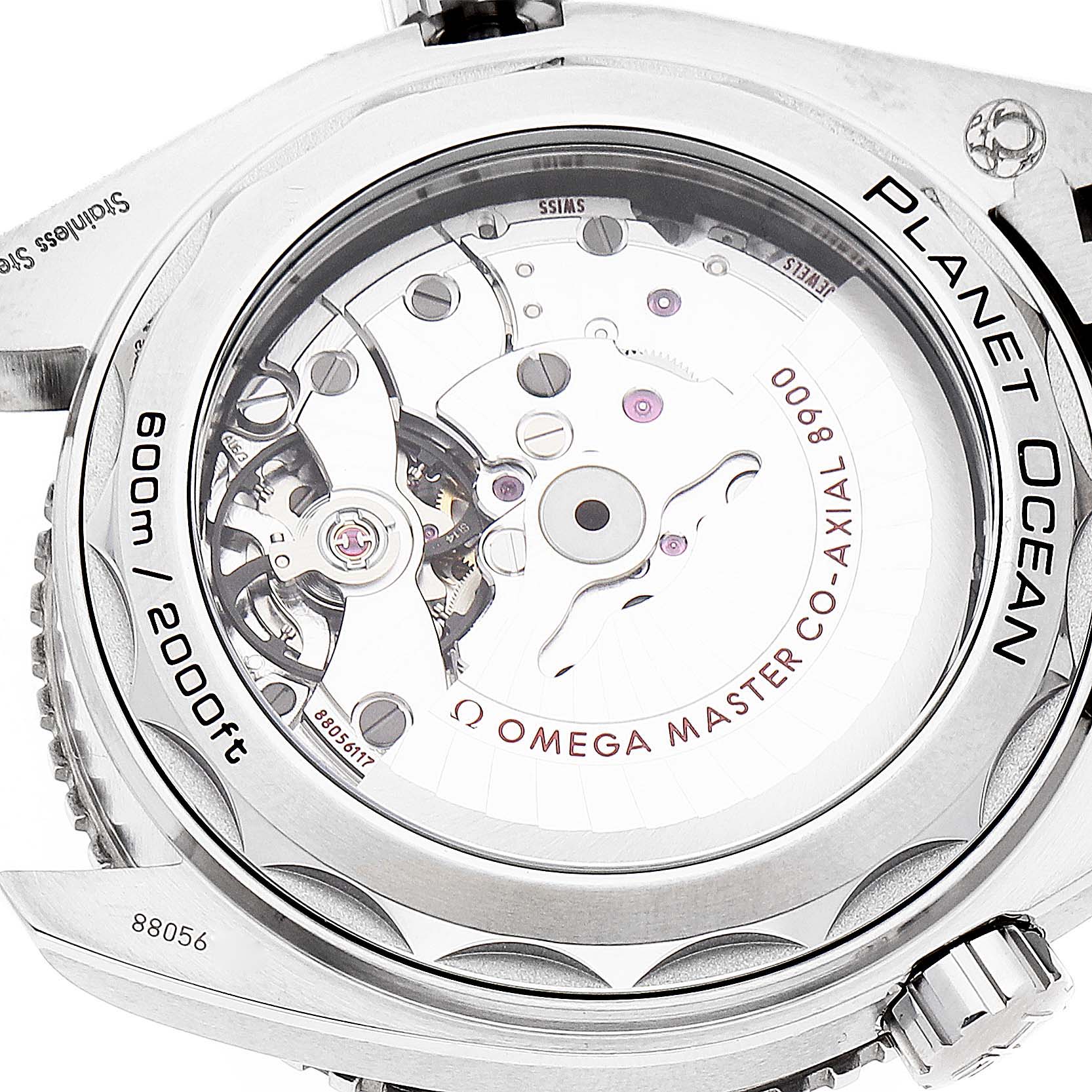 The image shows the caseback of the Omega Planet Ocean 215.30.44.21.03.001 Men's Stainless Steel Blue Dial 215.30.44.21.03.001 Men's Stainless Steel Blue Dial model, revealing its Co-Axial 8900 movement.