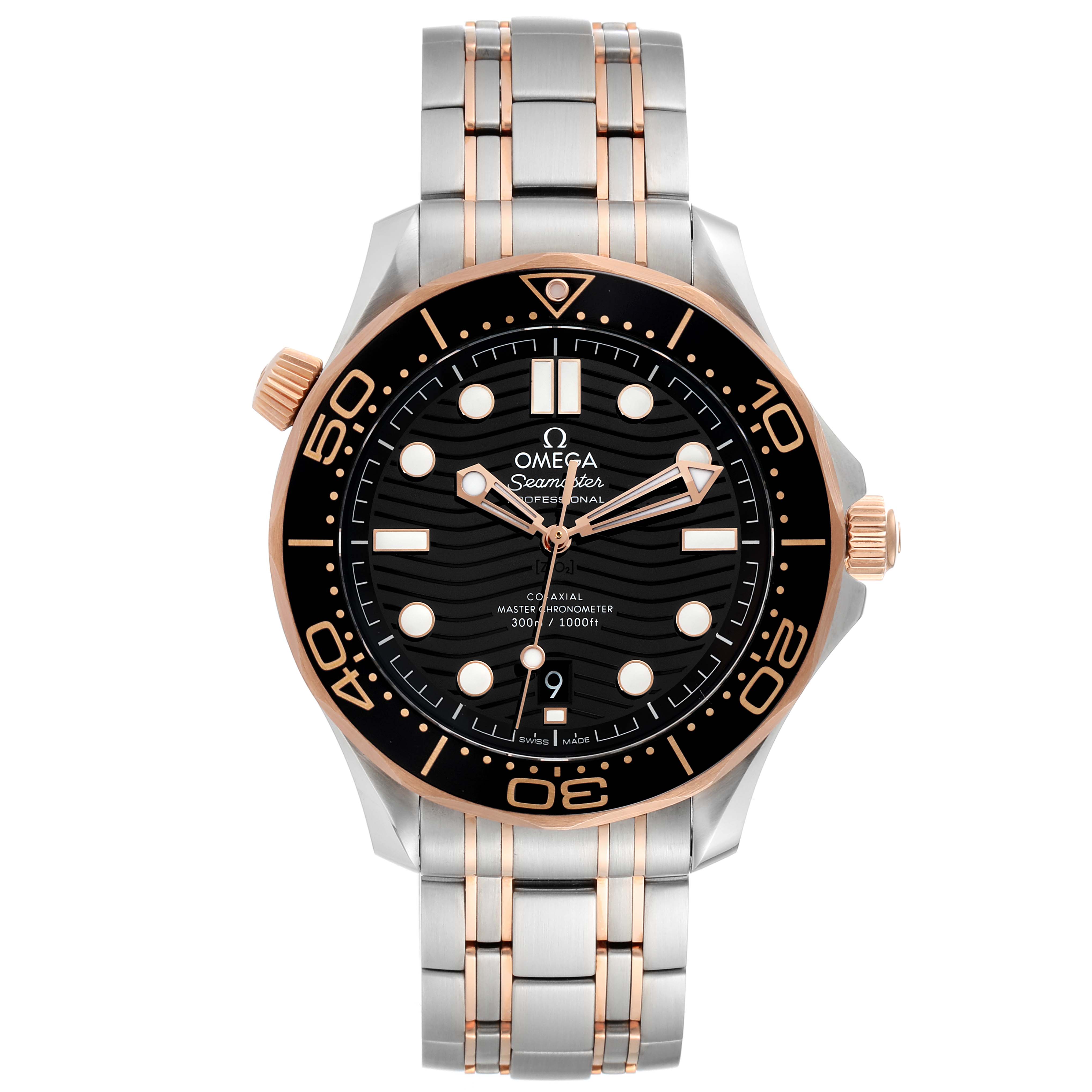 The Omega Seamaster 210.20.42.20.01.001 Men's Steel and Gold (two tone) Black Dial 210.20.42.20.01.001 Men's Steel and Gold (two tone) Black Dial watch is shown from the front, displaying its dial, bezel, crown, and bracelet.