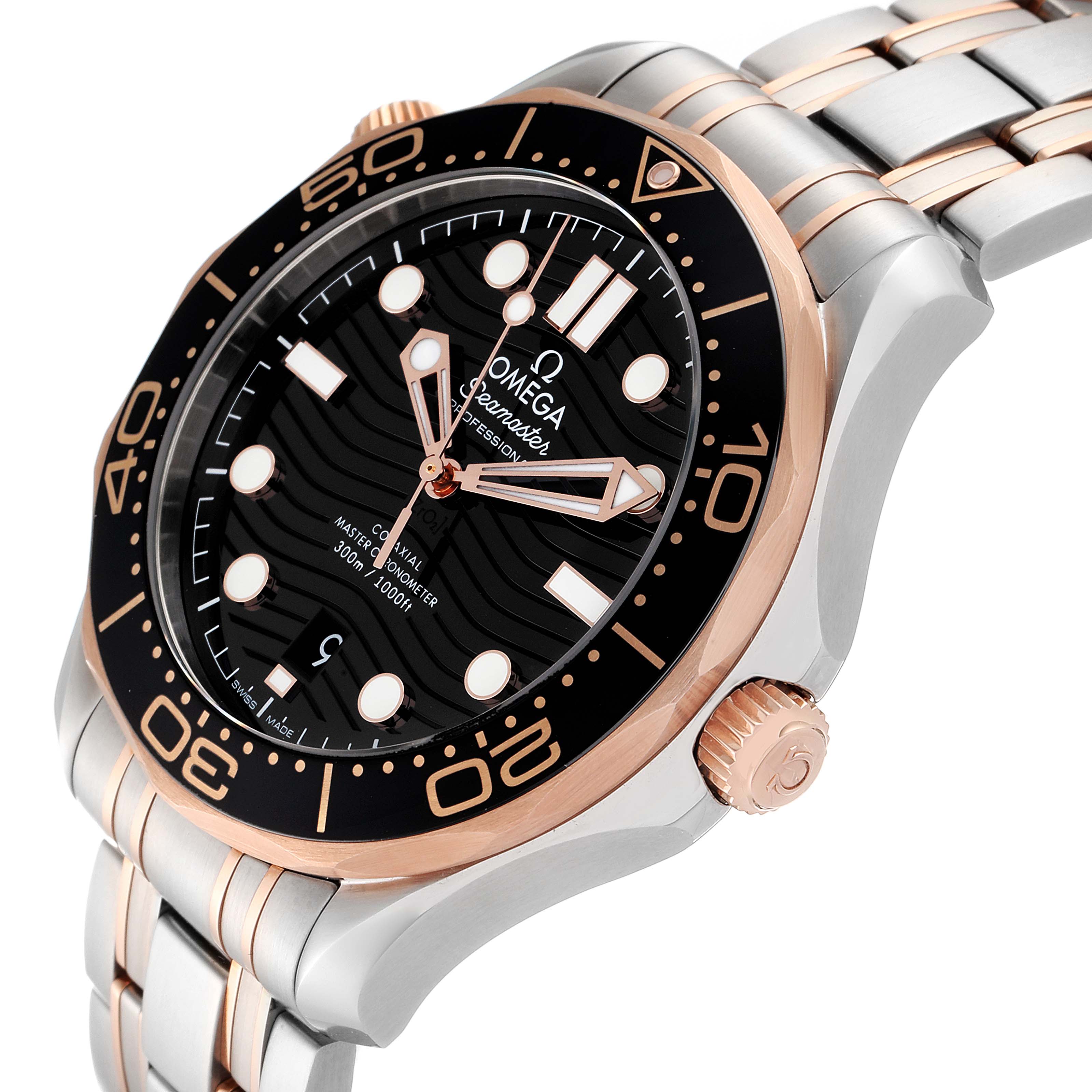 The Omega Seamaster 210.20.42.20.01.001 Men's Steel and Gold (two tone) Black Dial 210.20.42.20.01.001 Men's Steel and Gold (two tone) Black Dial watch is shown at a side angle, displaying the bezel, dial, hands, and part of the bracelet.