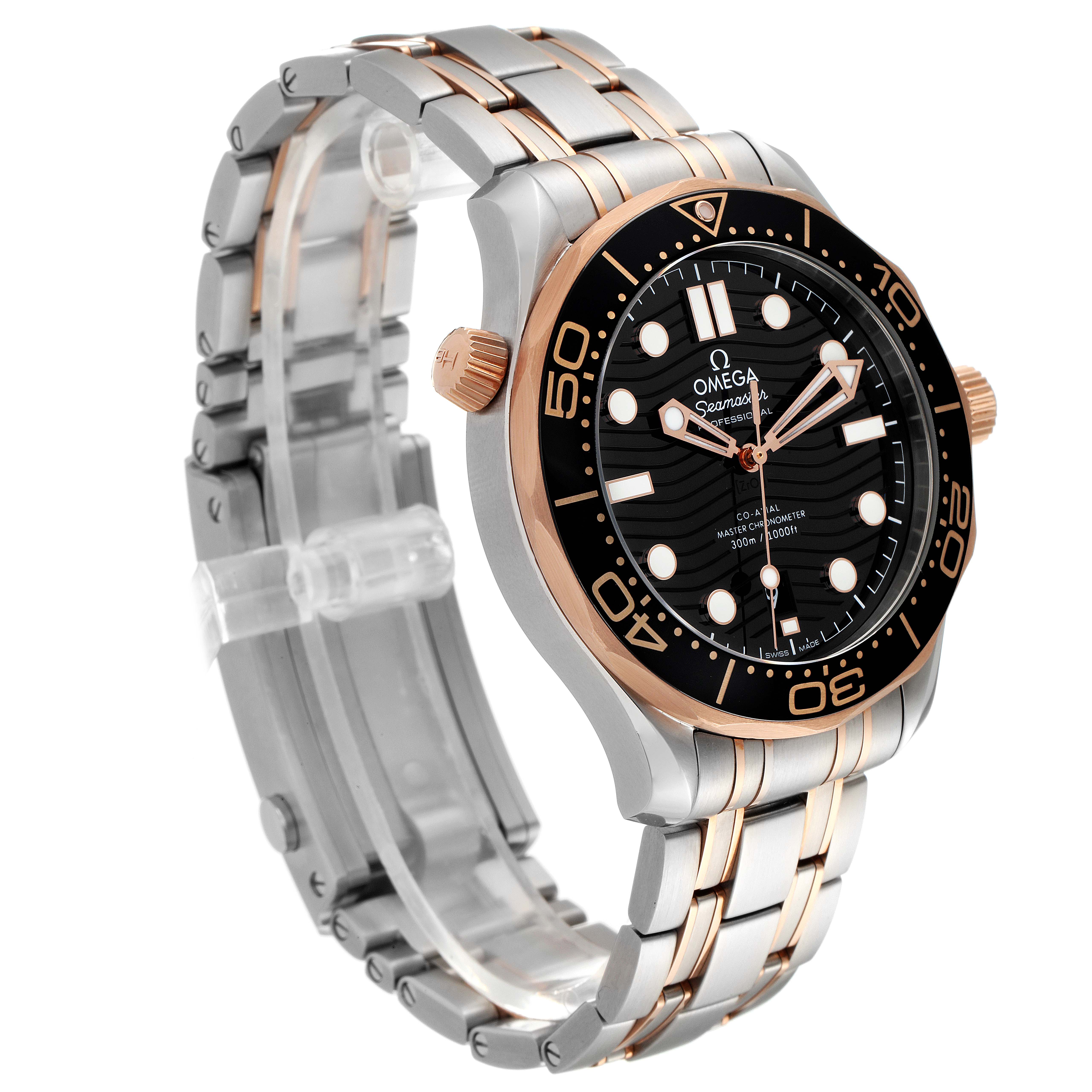 This image shows a side and front angle view of an Omega Seamaster 210.20.42.20.01.001 Men's Steel and Gold (two tone) Black Dial 210.20.42.20.01.001 Men's Steel and Gold (two tone) Black Dial watch, highlighting its case, bezel, dial, and bracelet.