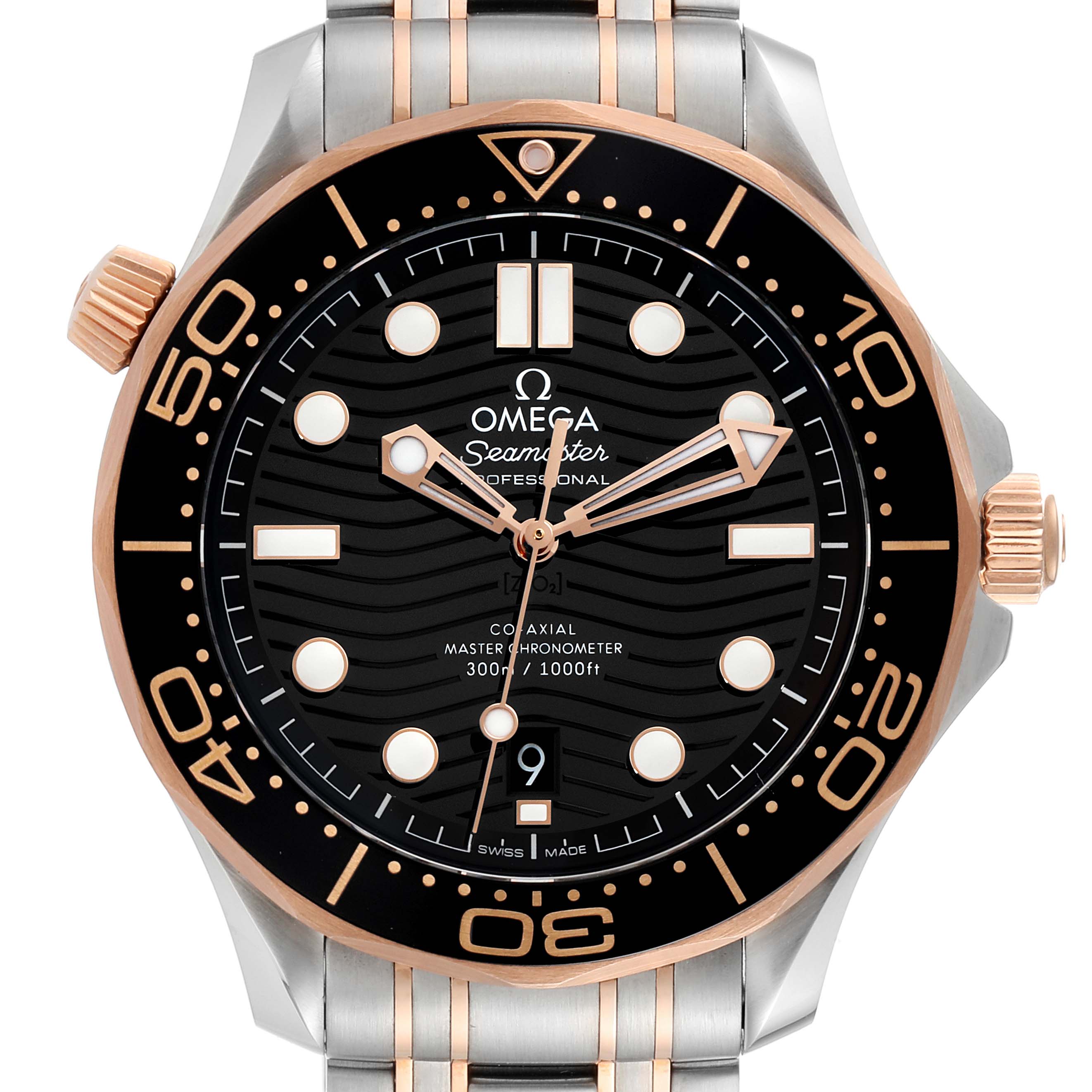 This image shows a front view of the Omega Seamaster 210.20.42.20.01.001 Men's Steel and Gold (two tone) Black Dial 210.20.42.20.01.001 Men's Steel and Gold (two tone) Black Dial watch, highlighting the dial, bezel, case, crown, and part of the bracelet.