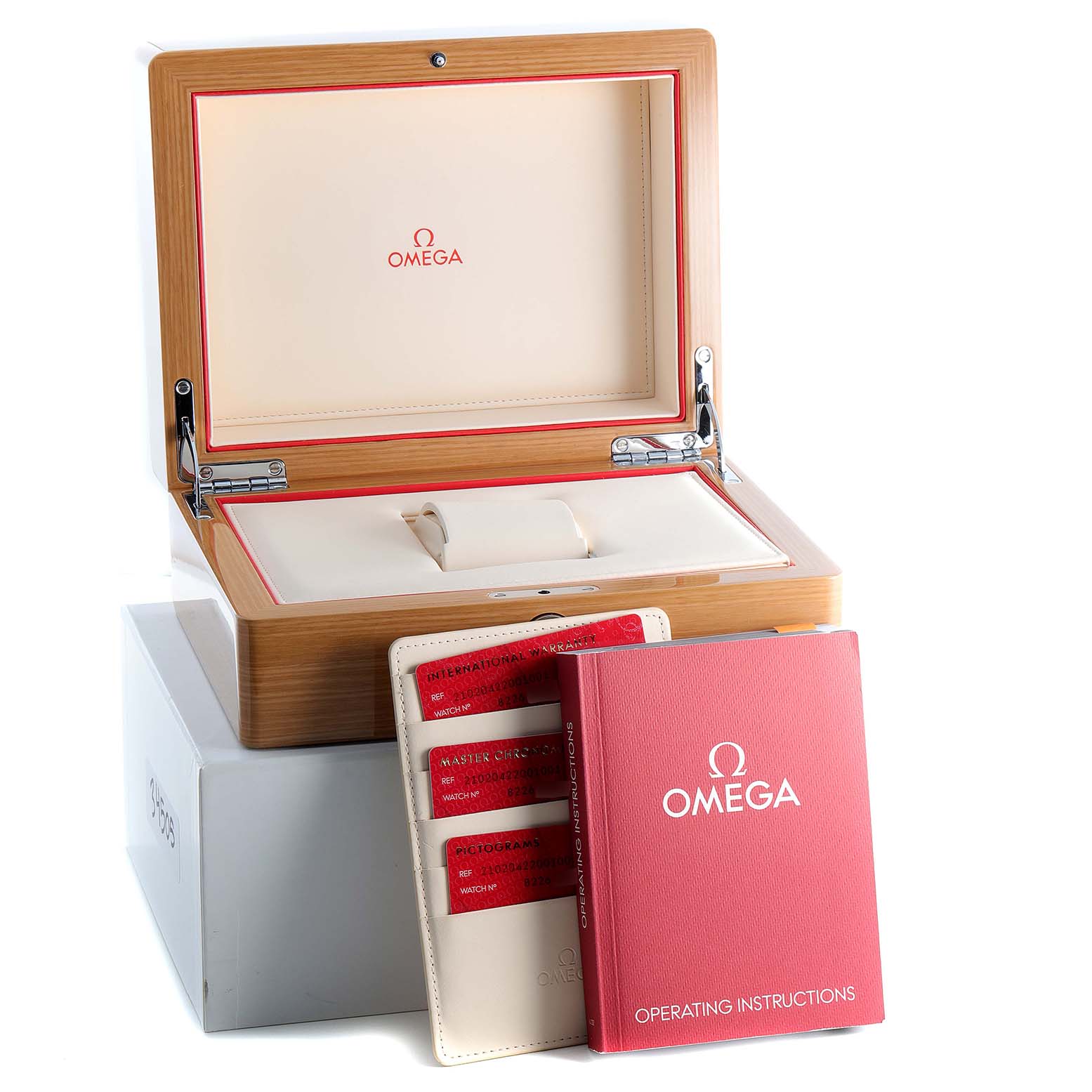 The image shows a wooden Omega Seamaster 210.20.42.20.01.001 Men's Steel and Gold (two tone) Black Dial 210.20.42.20.01.001 Men's Steel and Gold (two tone) Black Dial watch box, warranty cards, and an operating instructions booklet.