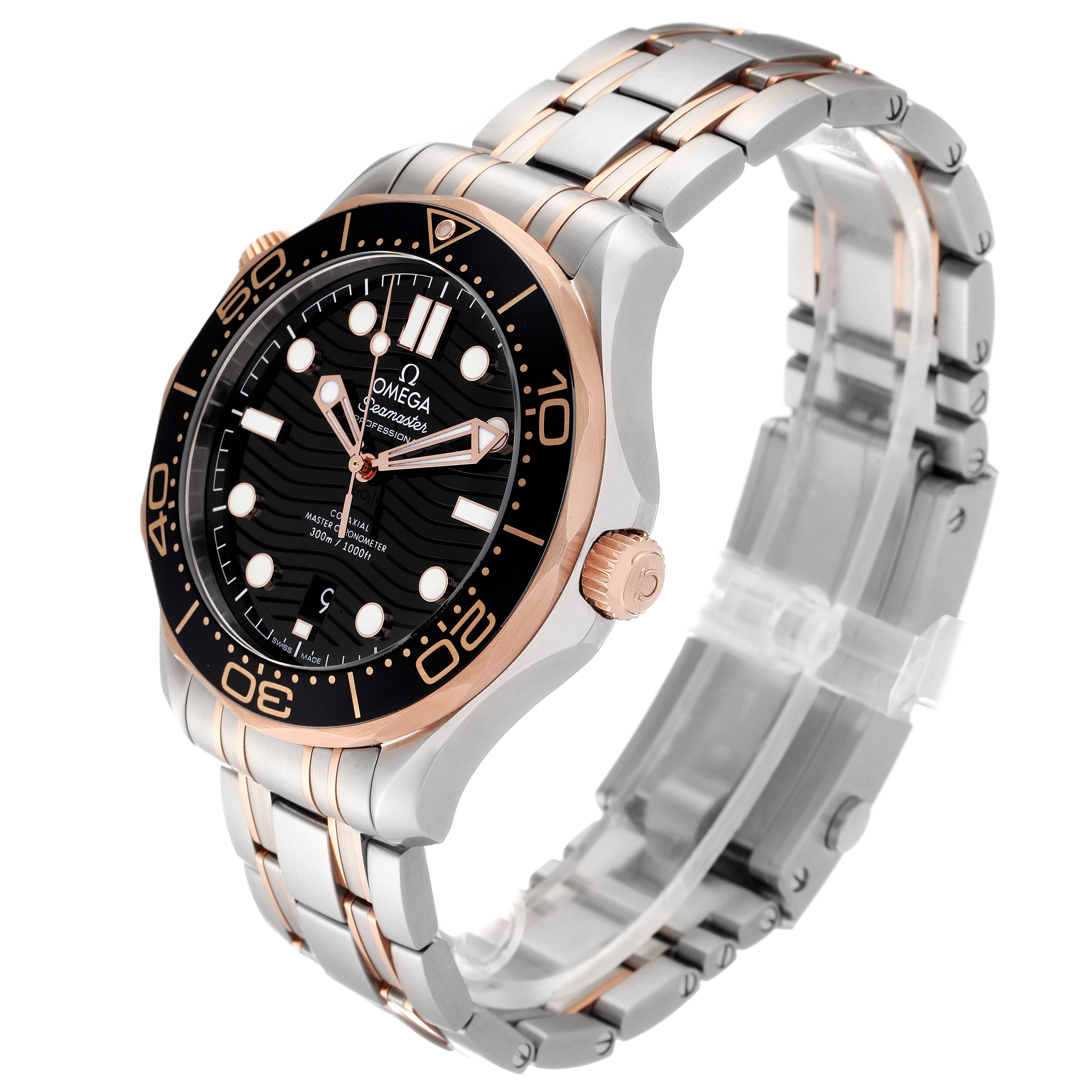 The Omega Seamaster 210.20.42.20.01.001 Men's Steel and Gold (two tone) Black Dial 210.20.42.20.01.001 Men's Steel and Gold (two tone) Black Dial watch is shown at a three-quarter angle, highlighting the black dial, bezel, crown, and two-tone metal bracelet.