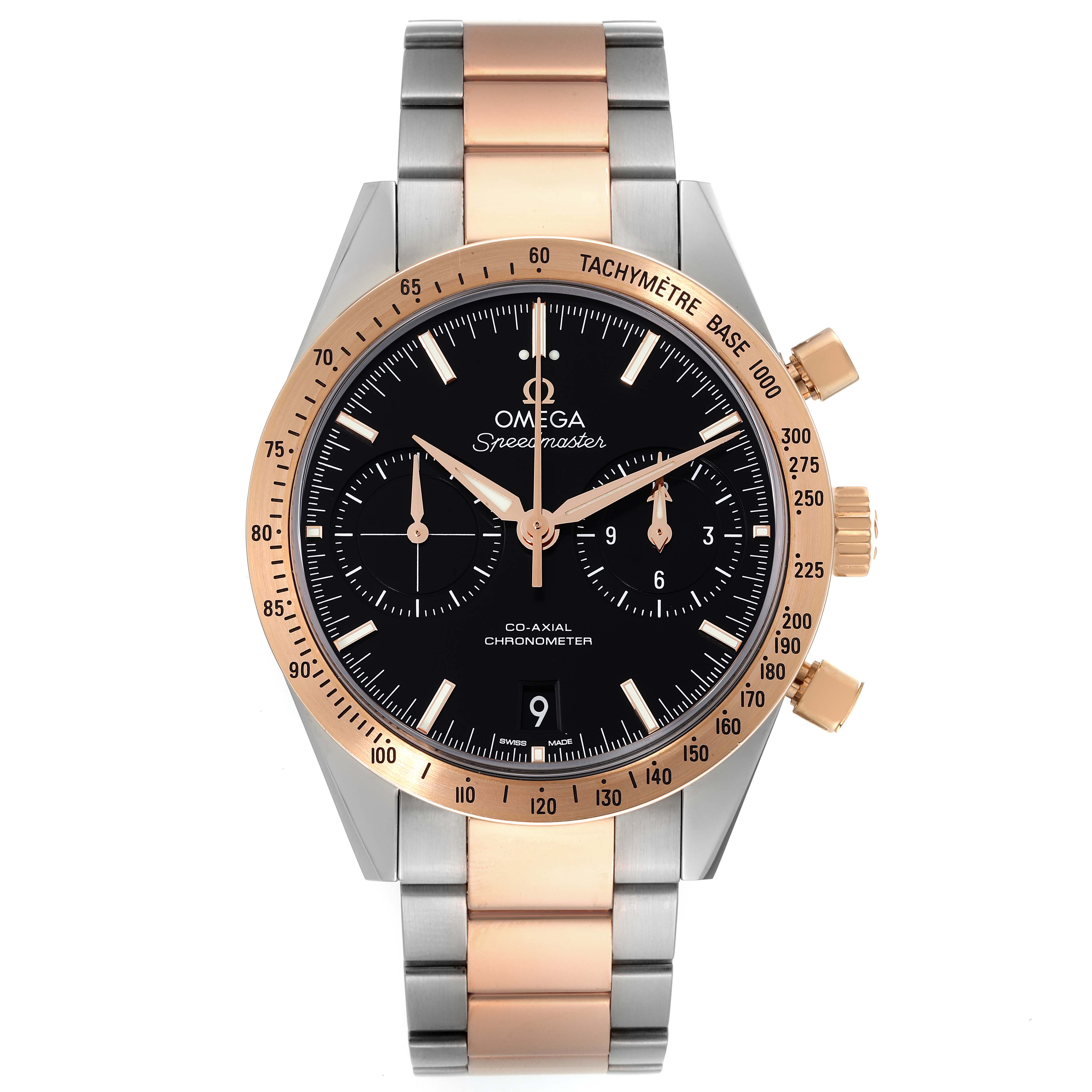 The image shows a front view of an Omega Speedmaster 331.20.42.51.01.002 Men's Steel and Gold (two tone) Black Dial 331.20.42.51.01.002 Men's Steel and Gold (two tone) Black Dial watch, highlighting its black dial, gold tachymeter bezel, and two-tone bracelet.