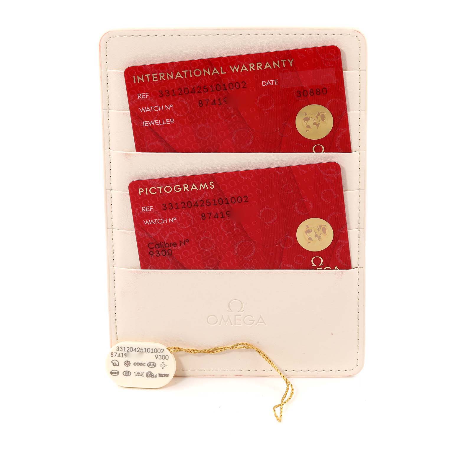 The image shows the warranty cards and a tag for the Omega Speedmaster 331.20.42.51.01.002 Men's Steel and Gold (two tone) Black Dial 331.20.42.51.01.002 Men's Steel and Gold (two tone) Black Dial, displayed in a white cardholder.